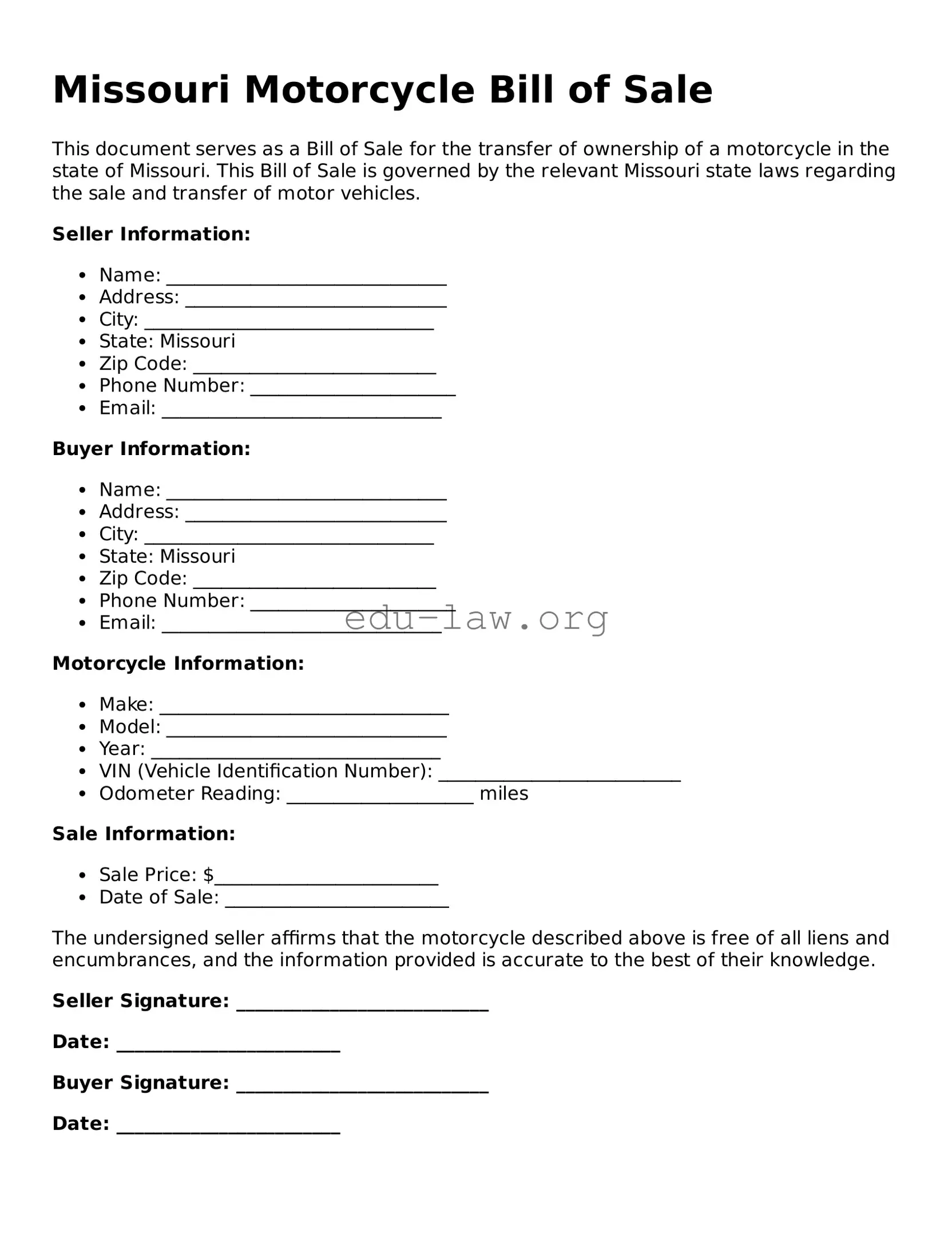 Legal  Motorcycle Bill of Sale Template for Missouri