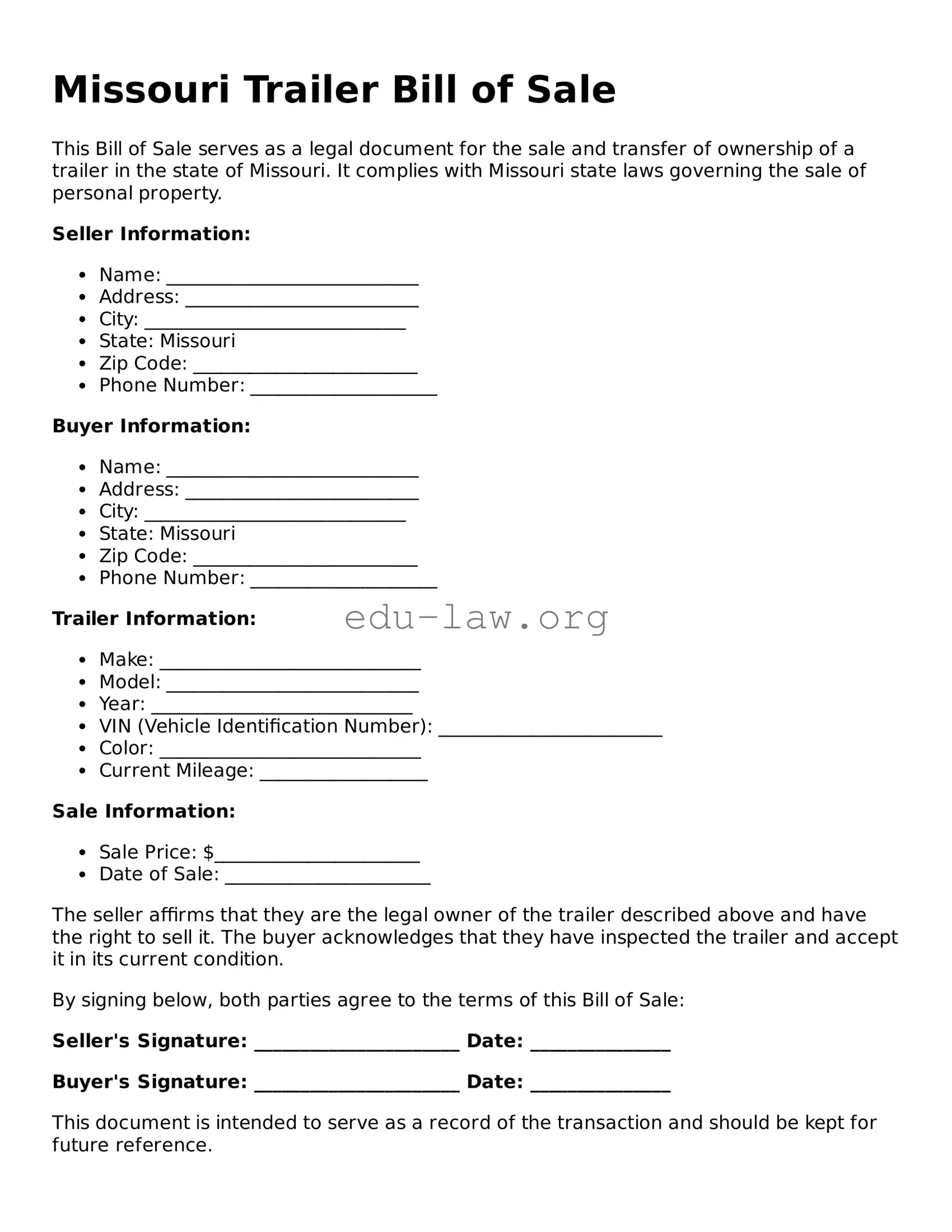 Legal  Trailer Bill of Sale Template for Missouri