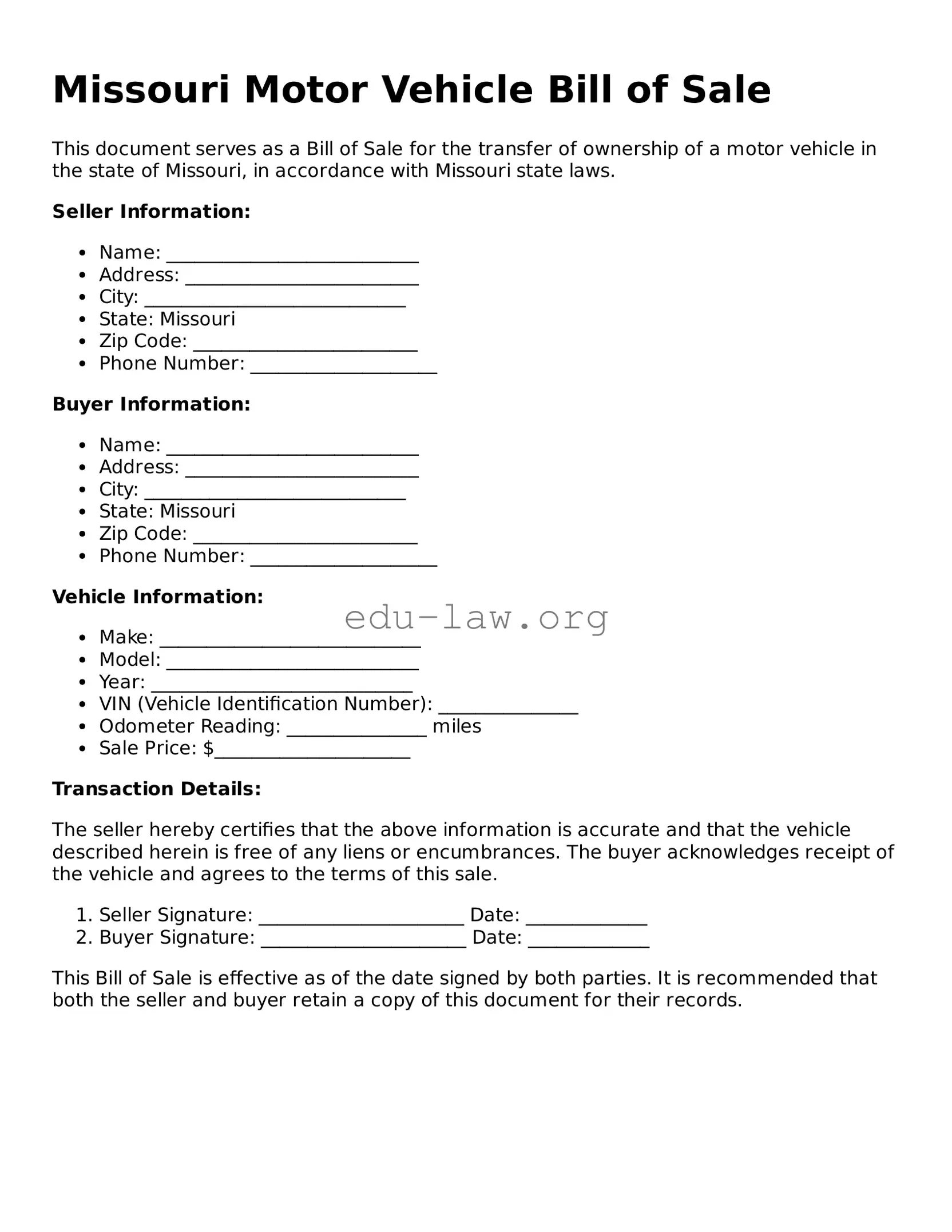 Legal  Motor Vehicle Bill of Sale Template for Missouri