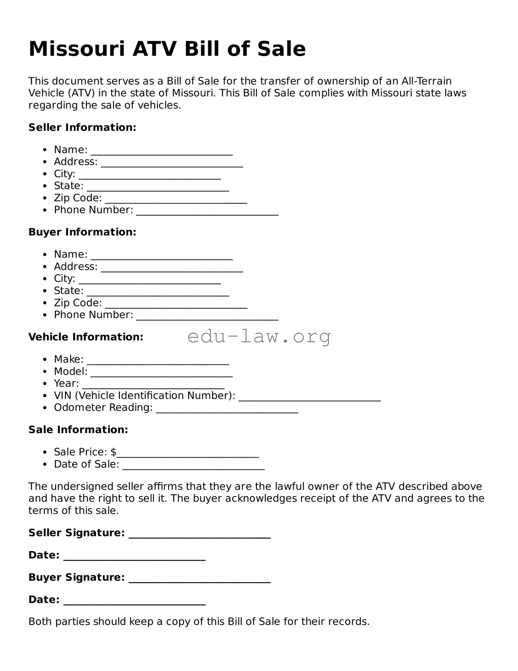Legal  ATV Bill of Sale Template for Missouri