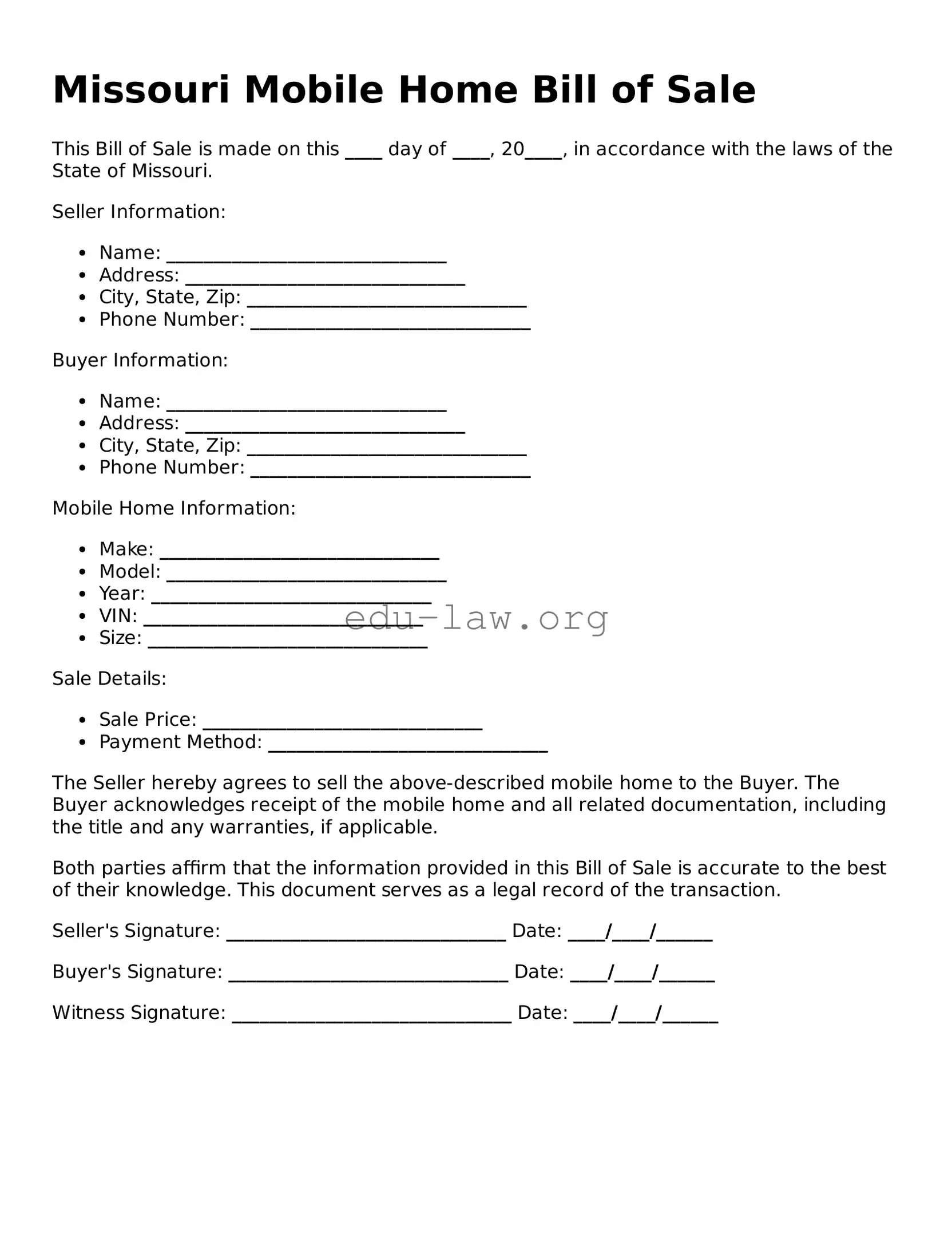 Legal  Mobile Home Bill of Sale Template for Missouri