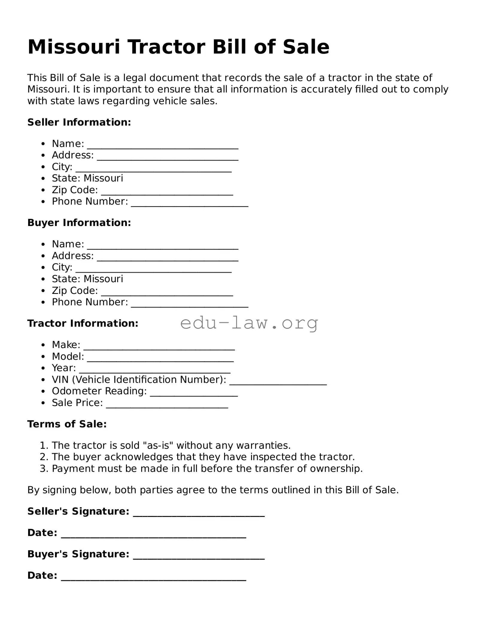 Legal  Tractor Bill of Sale Template for Missouri