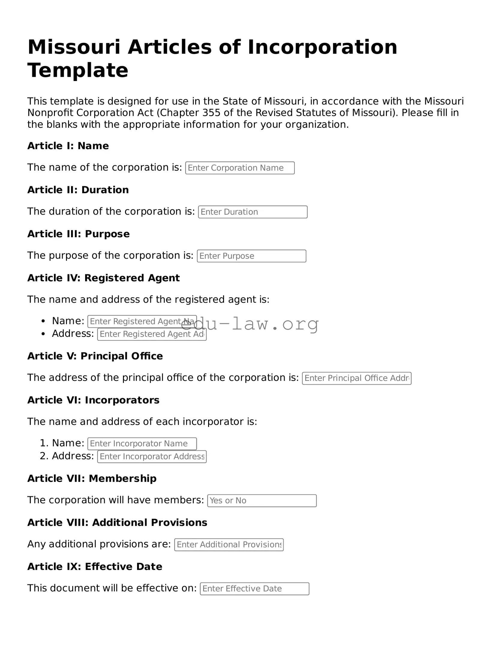 Legal  Articles of Incorporation Template for Missouri