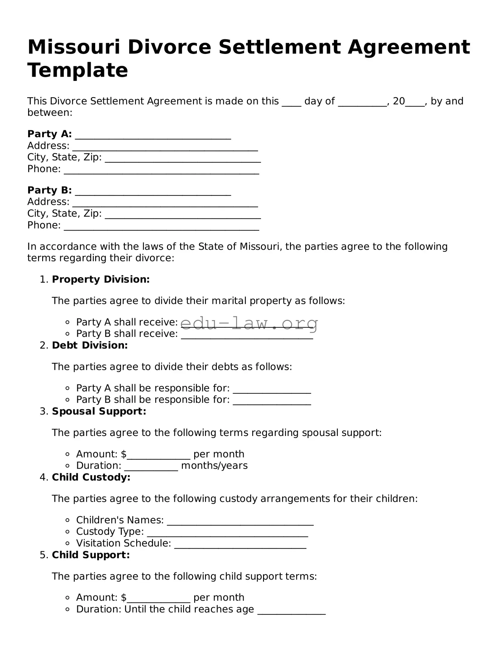 Legal  Divorce Settlement Agreement Template for Missouri