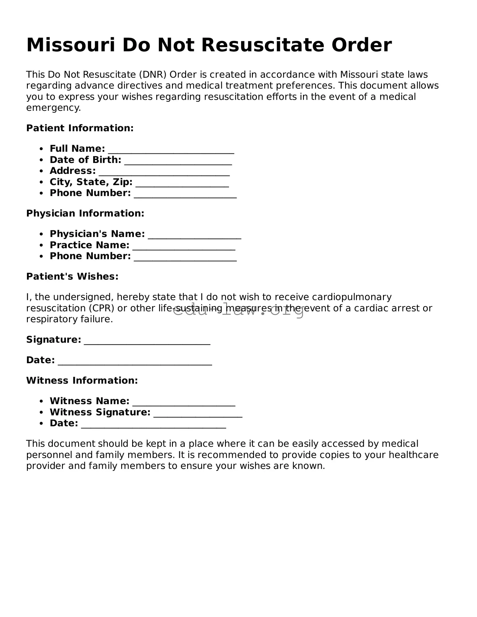 Legal  Do Not Resuscitate Order Template for Missouri