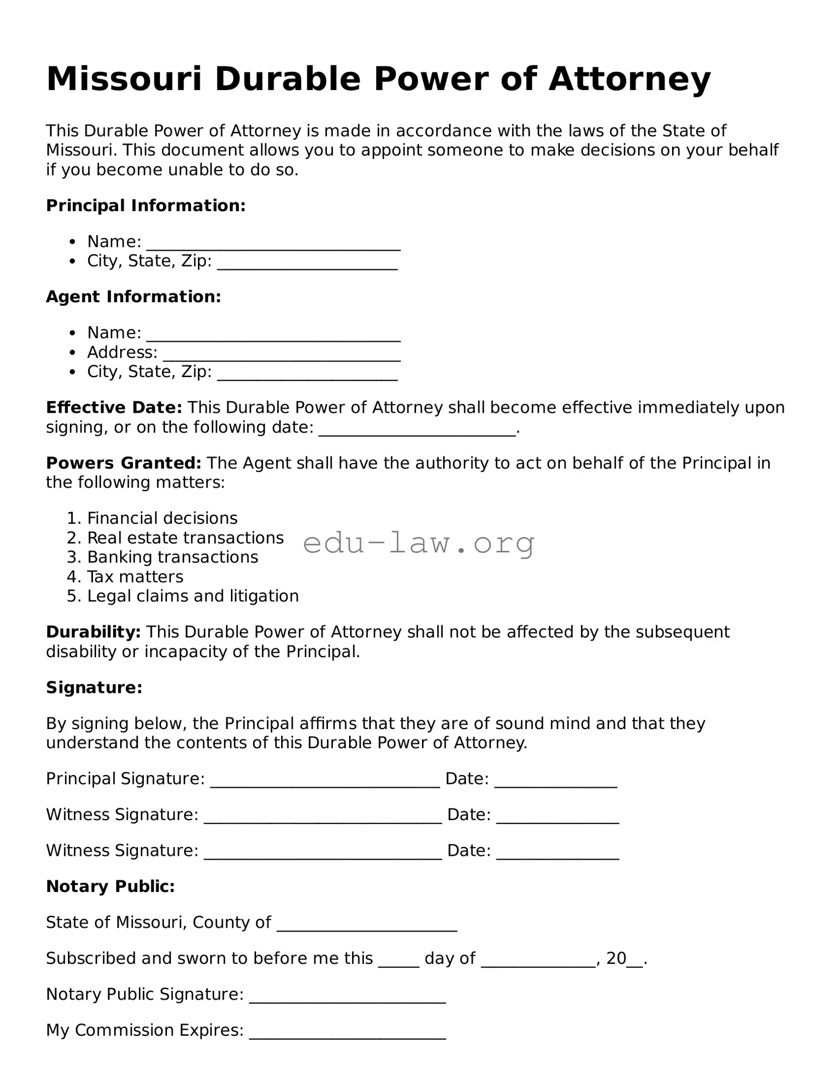 Legal  Durable Power of Attorney Template for Missouri