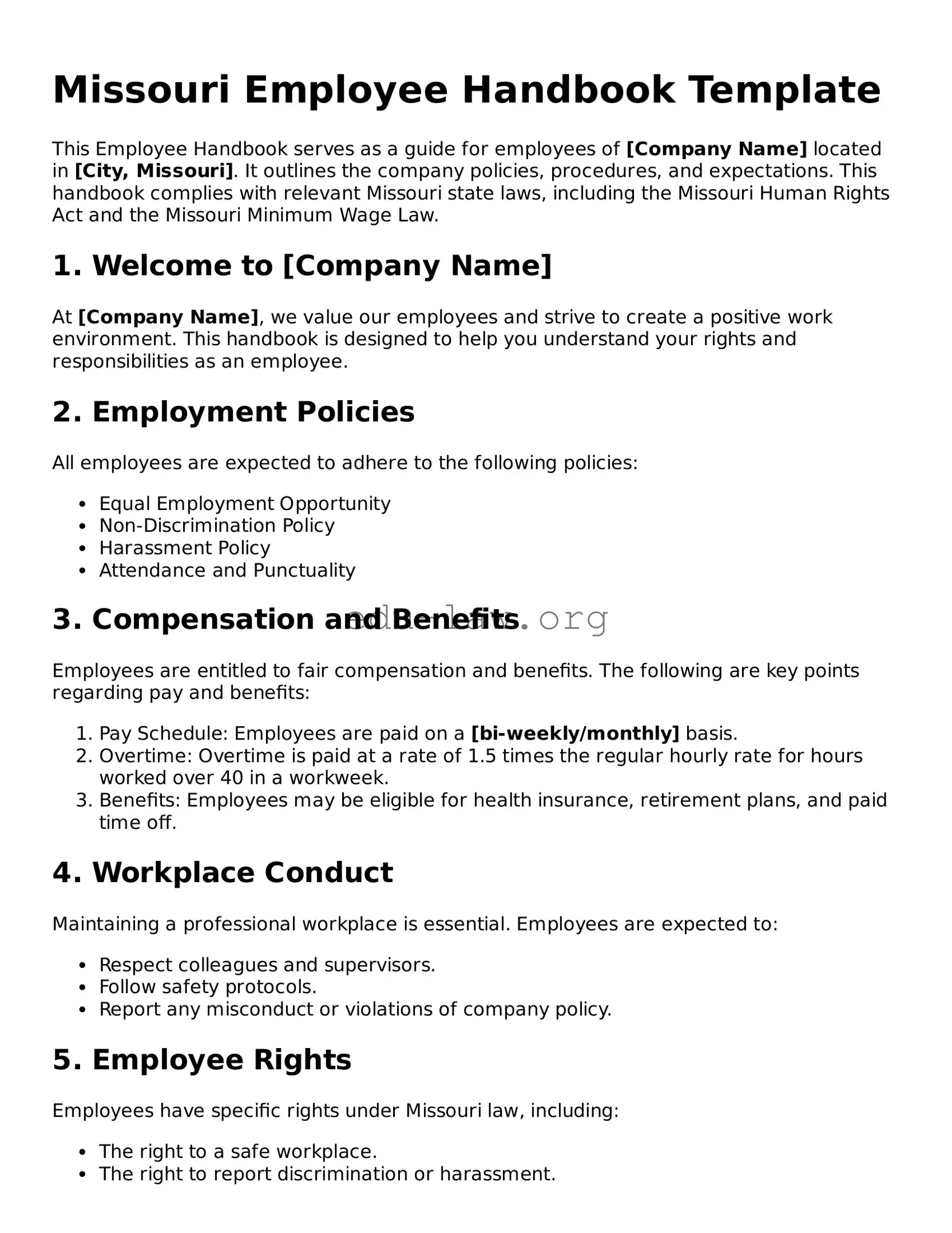 Legal  Employee Handbook Template for Missouri
