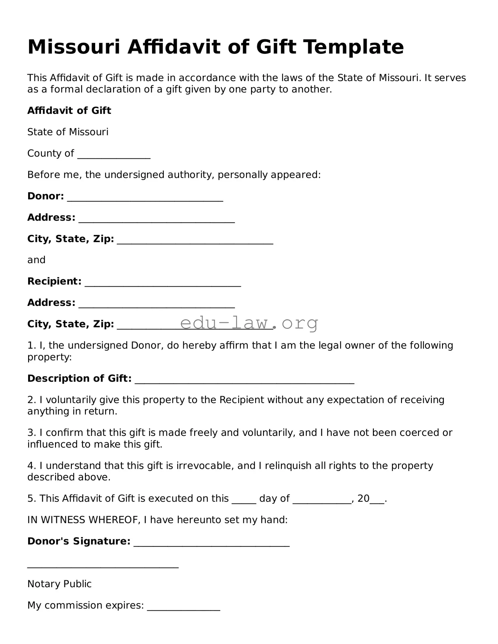 Legal  Affidavit of Gift Template for Missouri