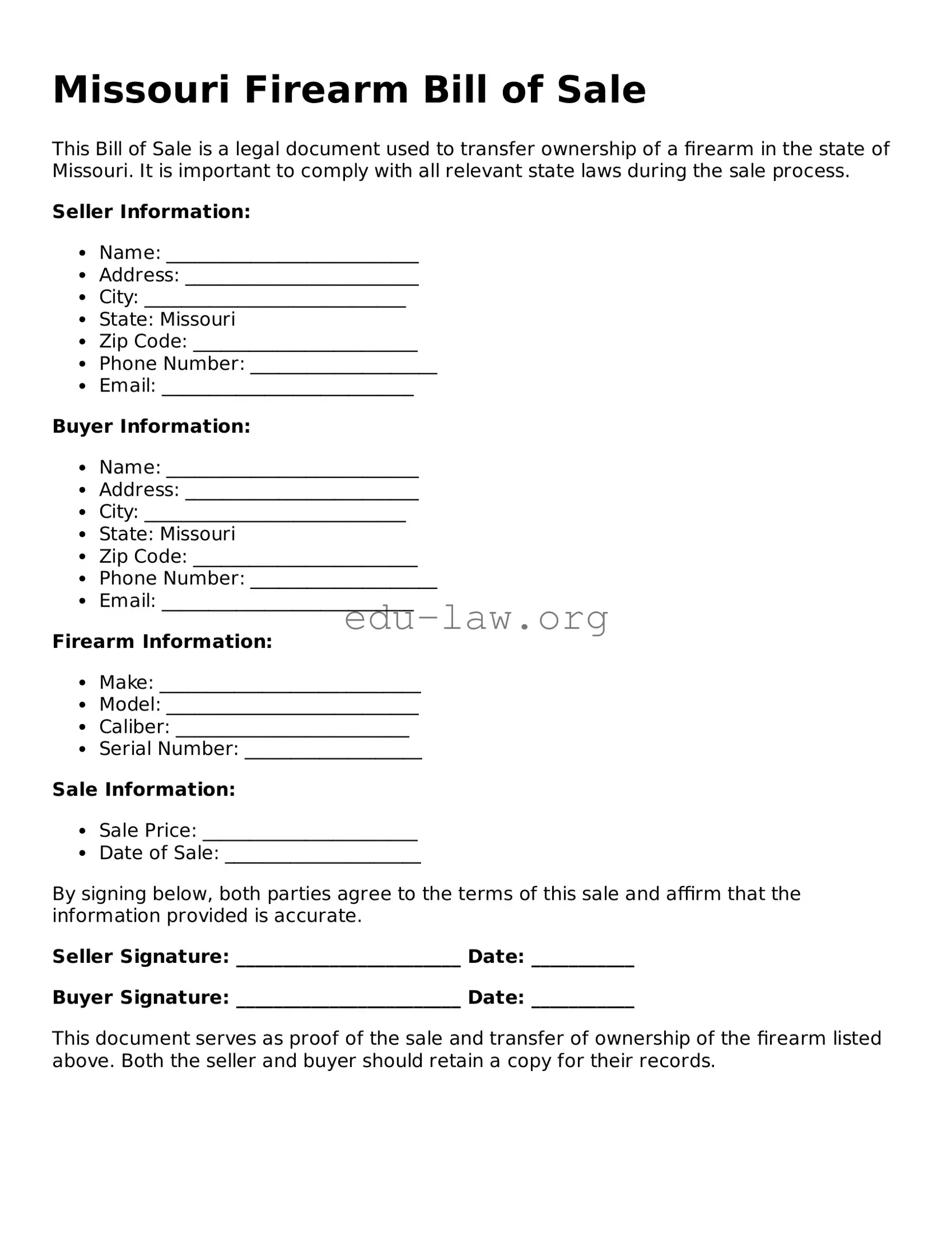 Legal  Firearm Bill of Sale Template for Missouri