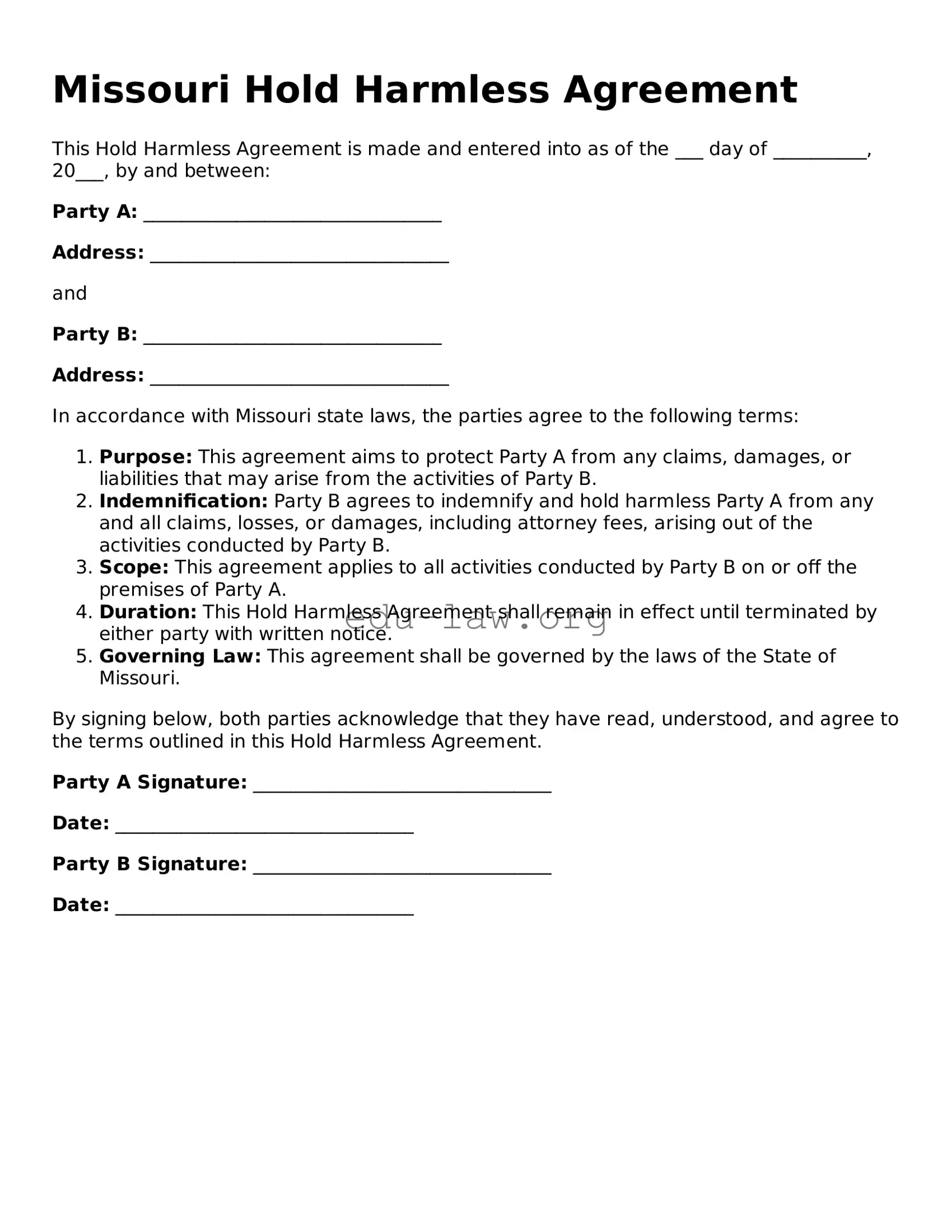 Legal  Hold Harmless Agreement Template for Missouri