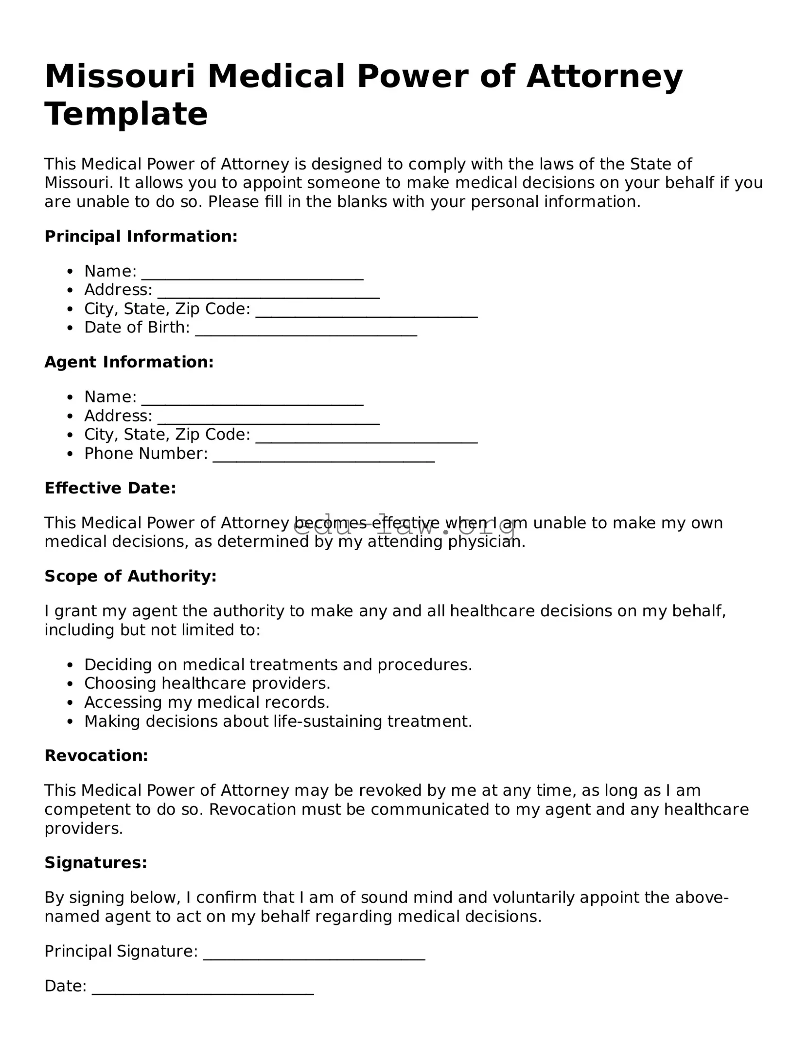 Legal  Medical Power of Attorney Template for Missouri