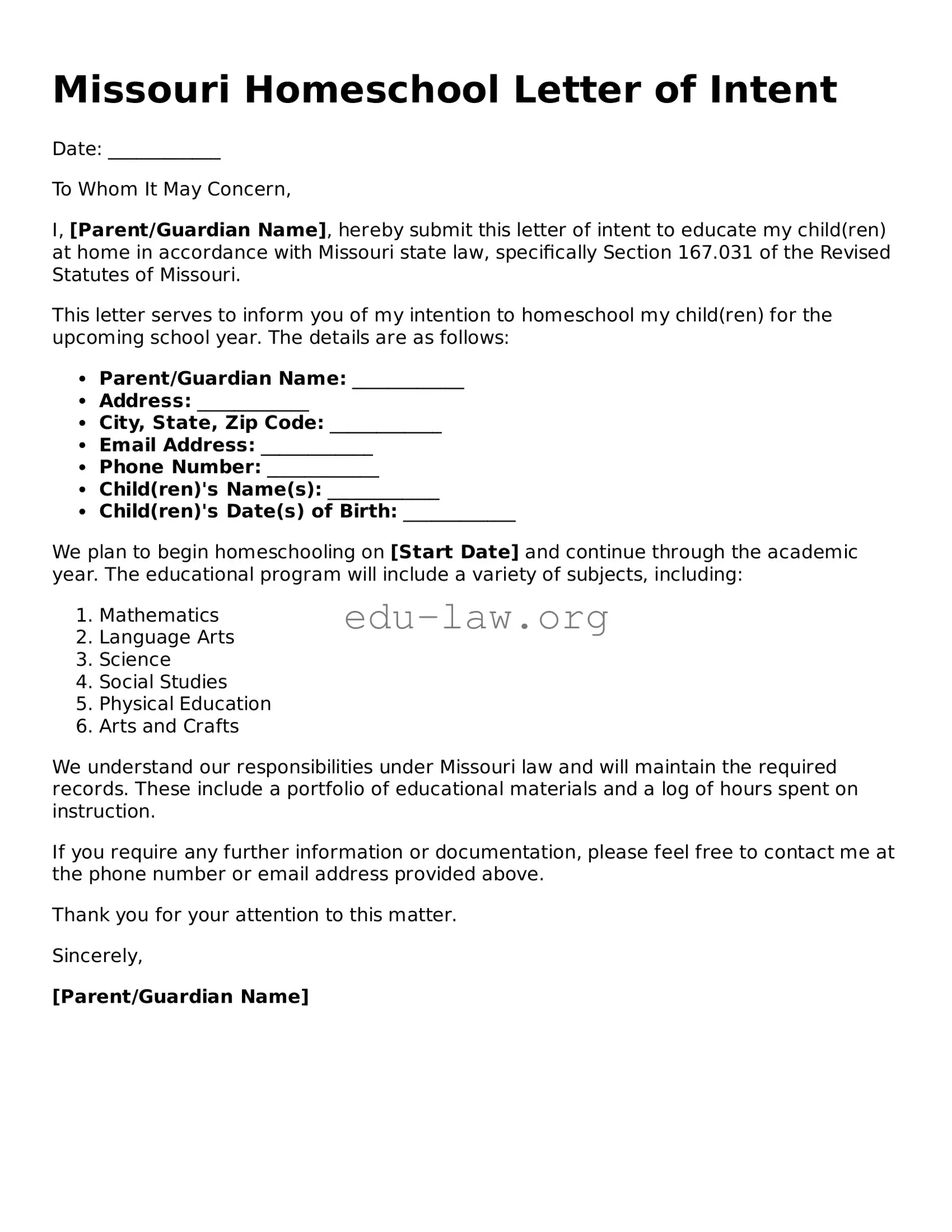 Legal  Homeschool Letter of Intent Template for Missouri