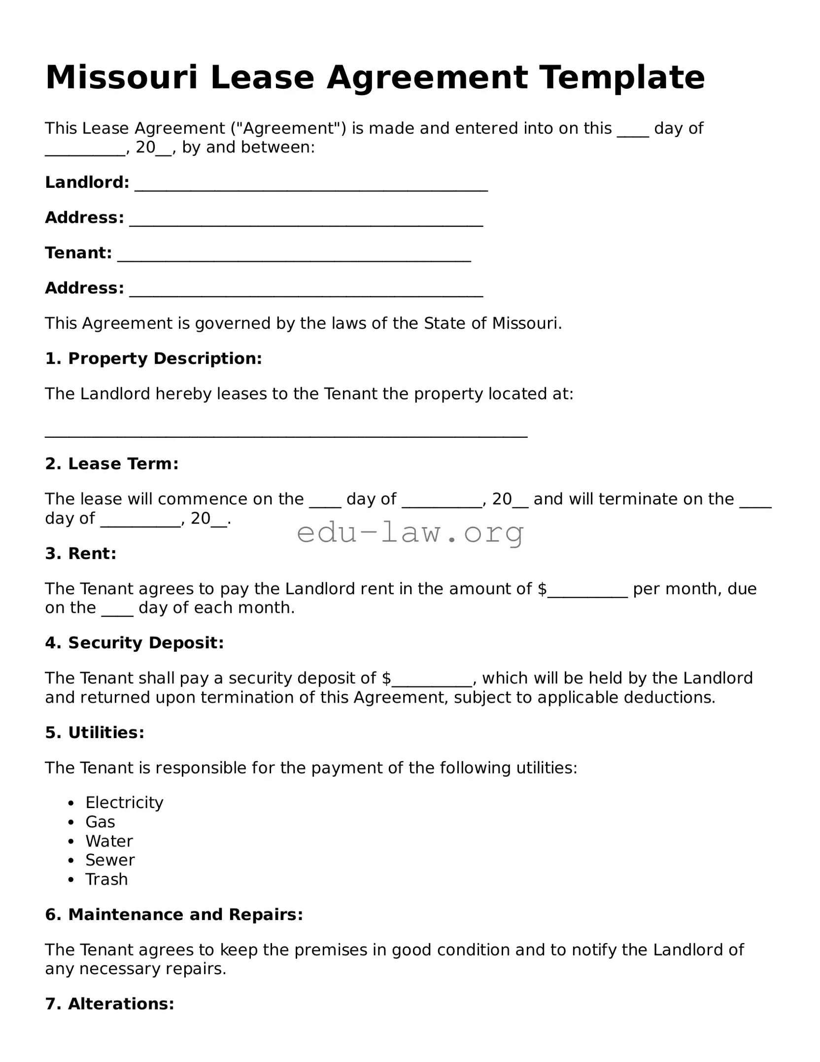 Legal  Lease Agreement Template for Missouri