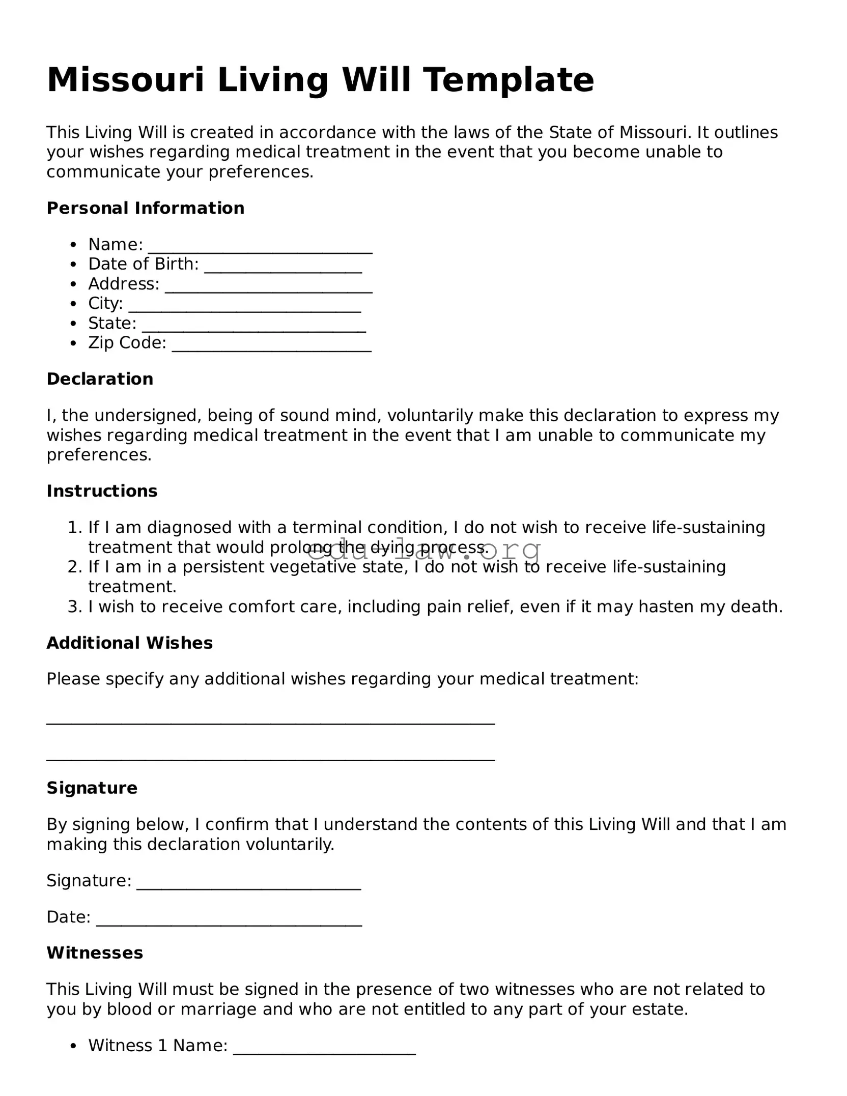 Legal  Living Will Template for Missouri