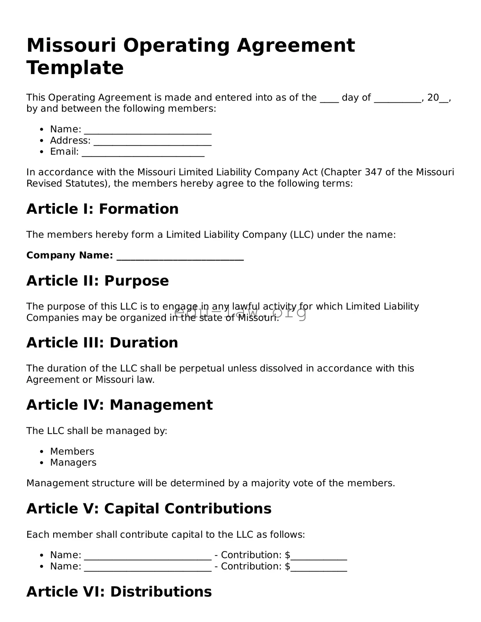 Legal  Operating Agreement Template for Missouri