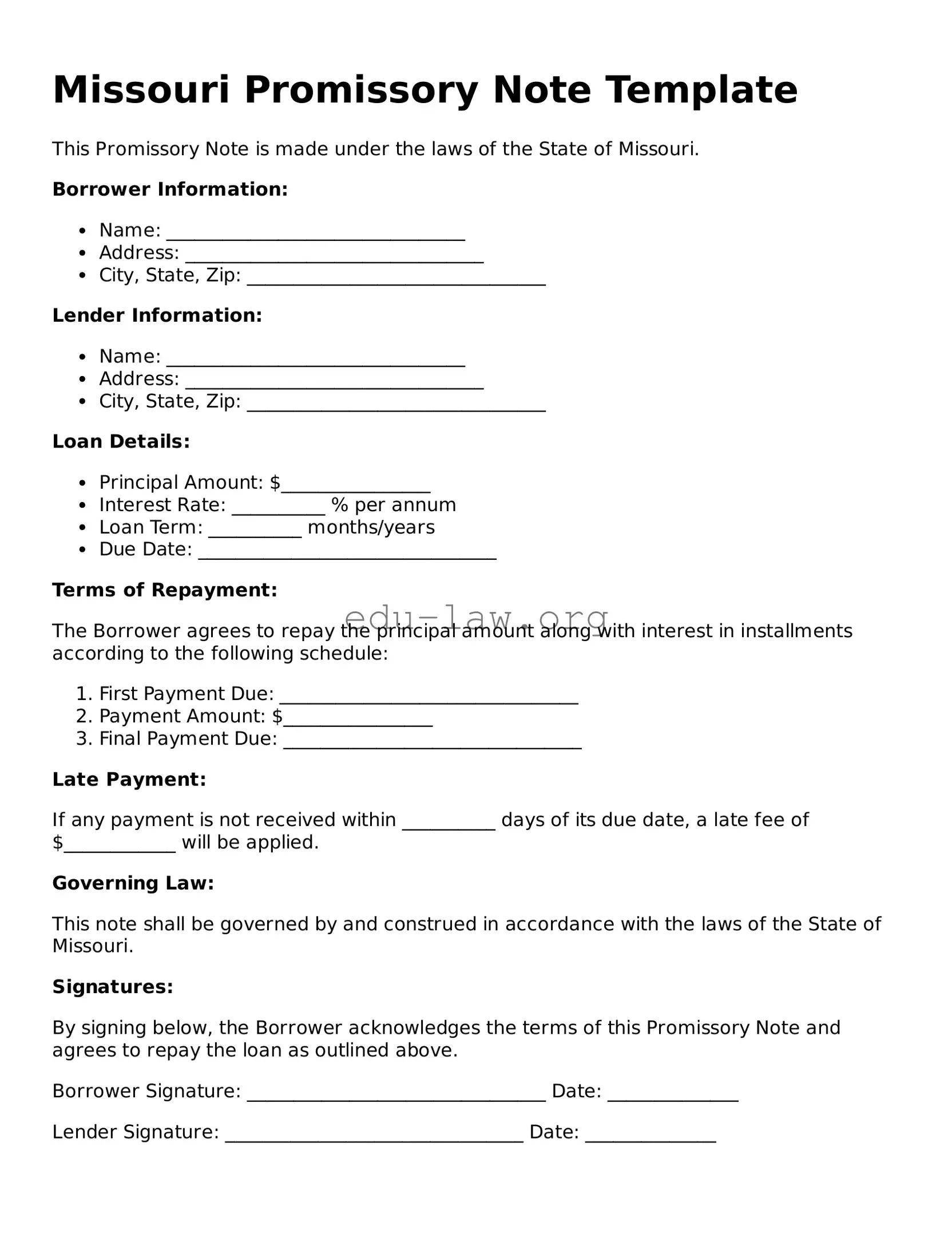 Legal  Promissory Note Template for Missouri