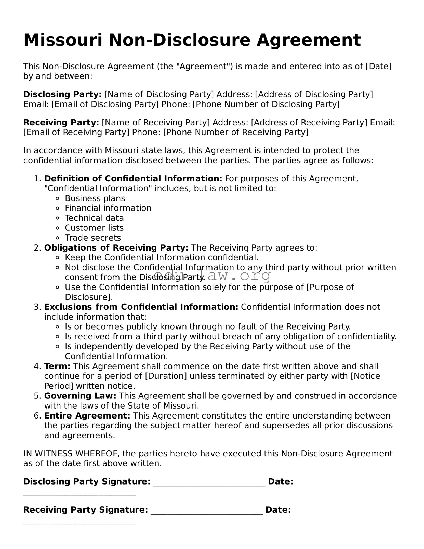 Legal  Non-disclosure Agreement Template for Missouri