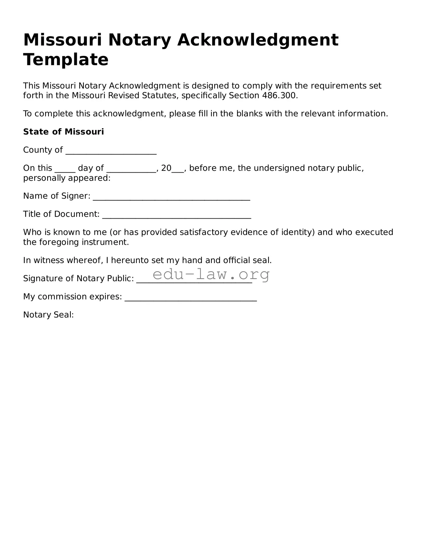 Legal  Notary Acknowledgement Template for Missouri