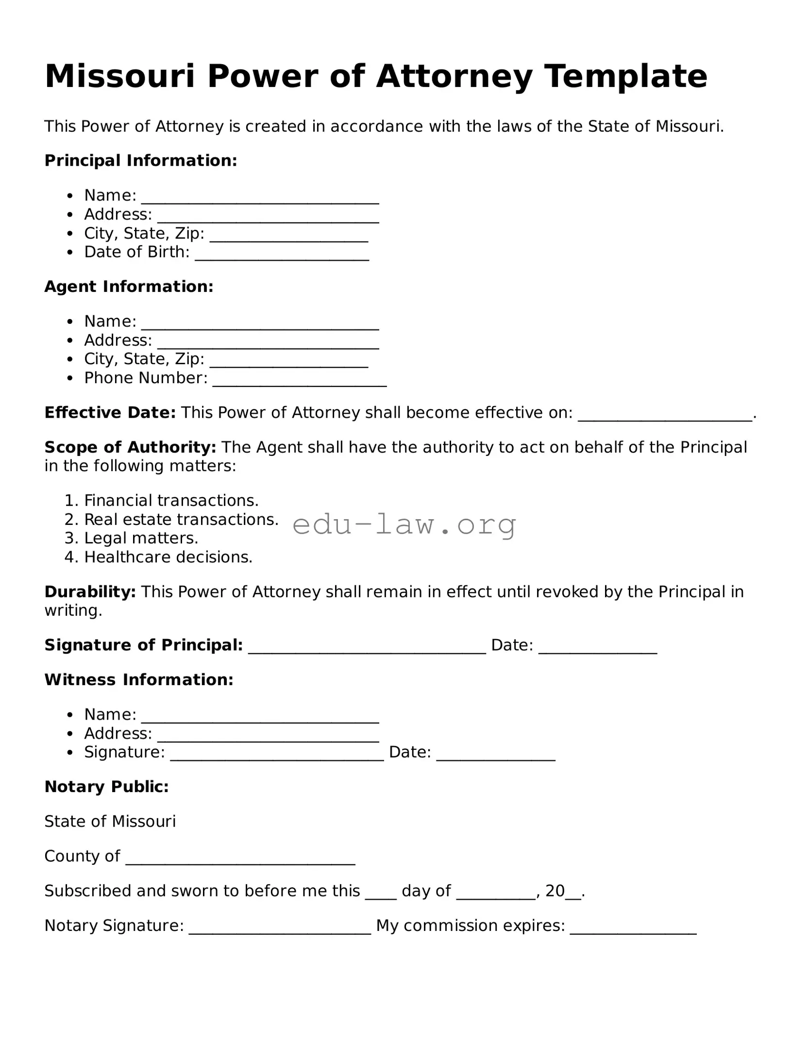 Legal  Power of Attorney Template for Missouri