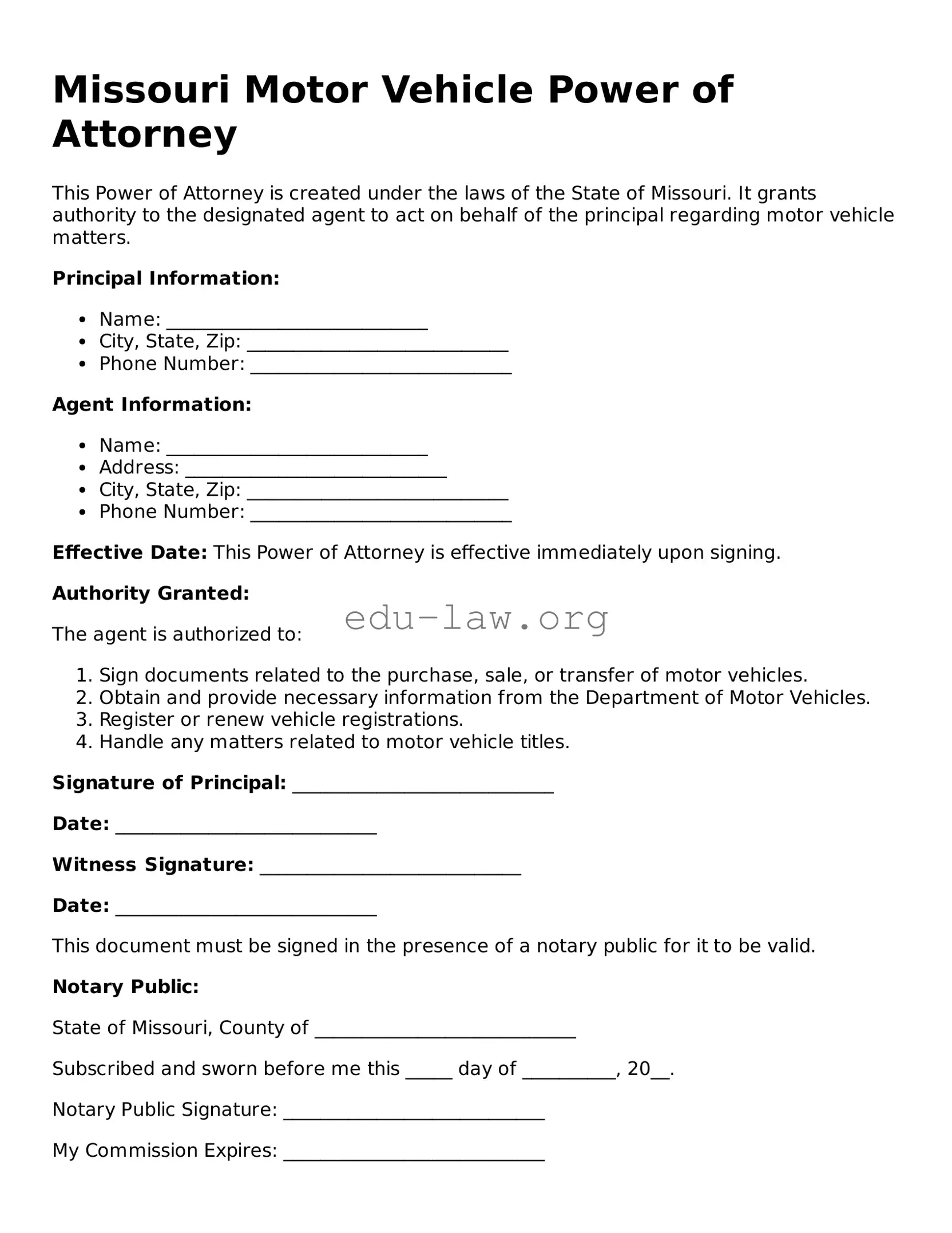 Legal  Motor Vehicle Power of Attorney Template for Missouri