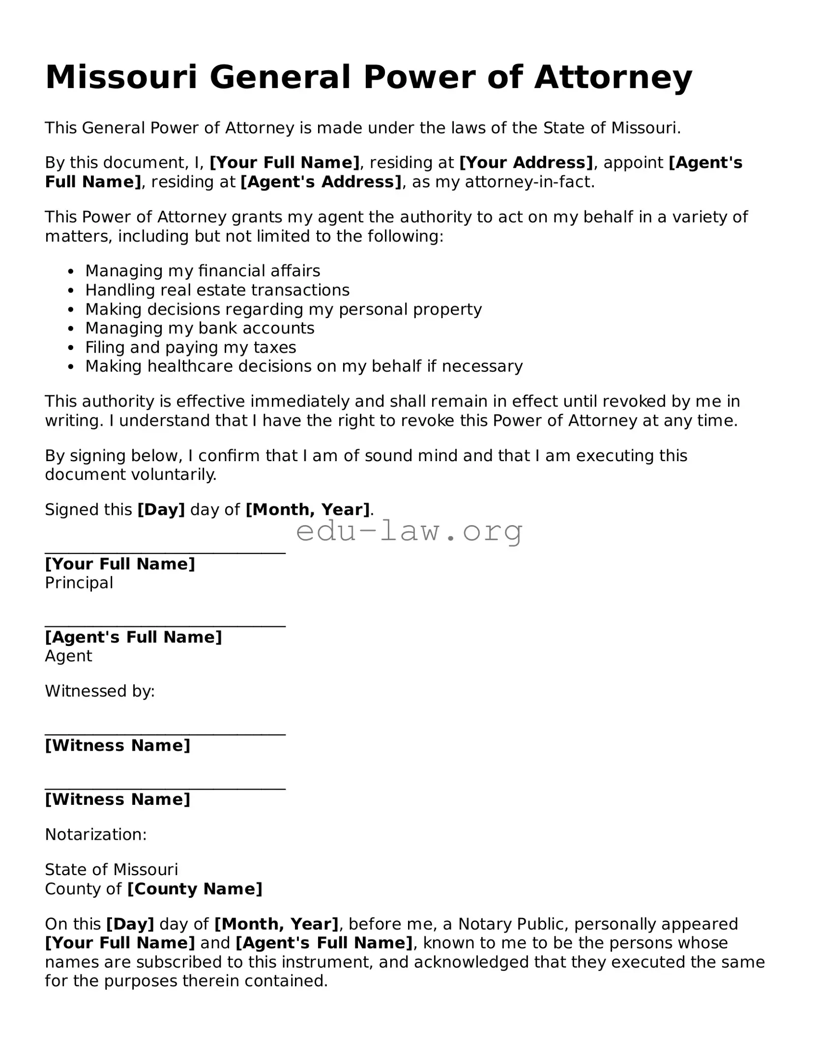 Legal  General Power of Attorney Template for Missouri