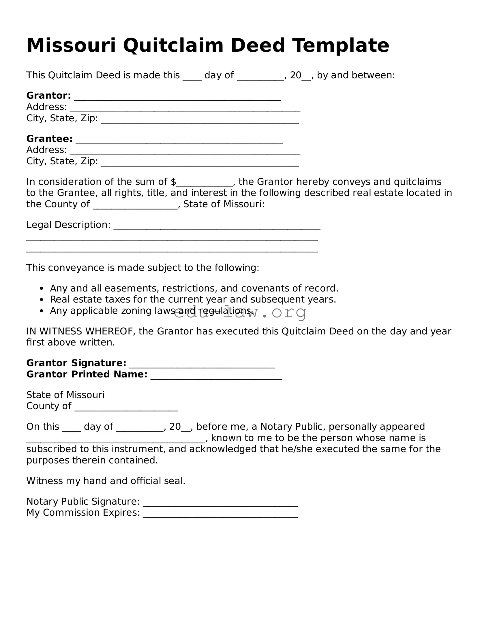 Legal  Quitclaim Deed Template for Missouri