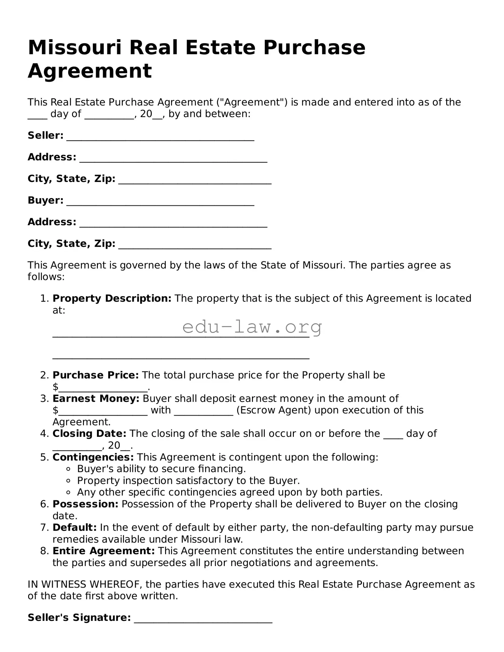Legal  Real Estate Purchase Agreement Template for Missouri