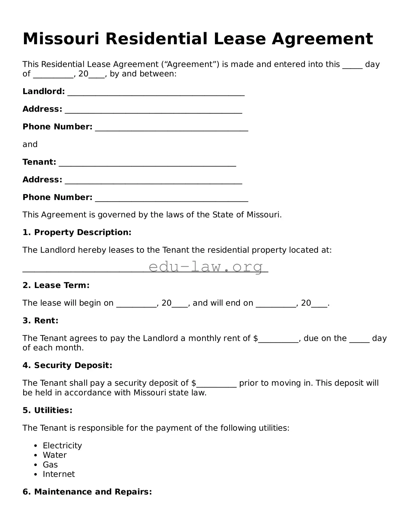 Legal  Residential Lease Agreement Template for Missouri