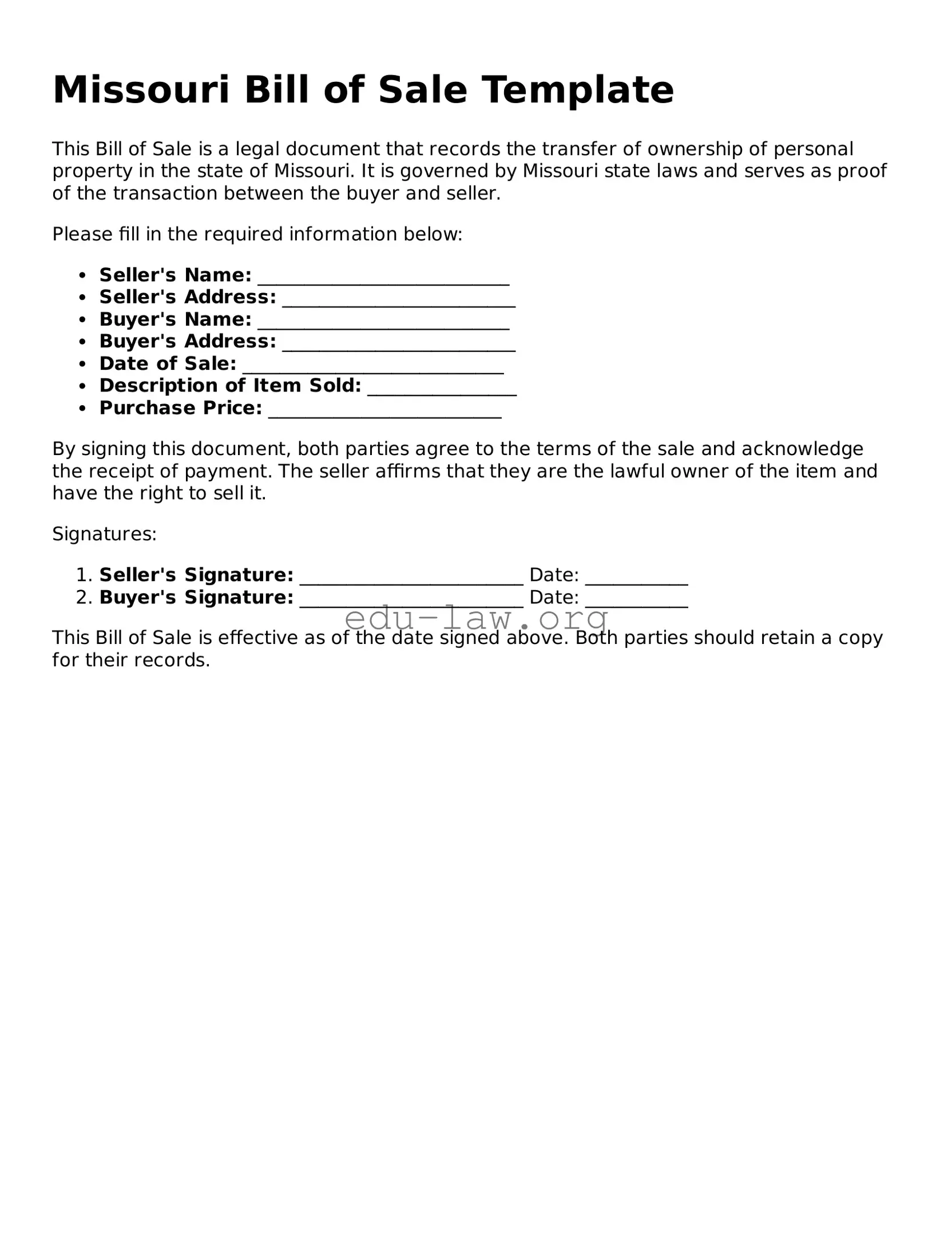 Legal  Bill of Sale Template for Missouri