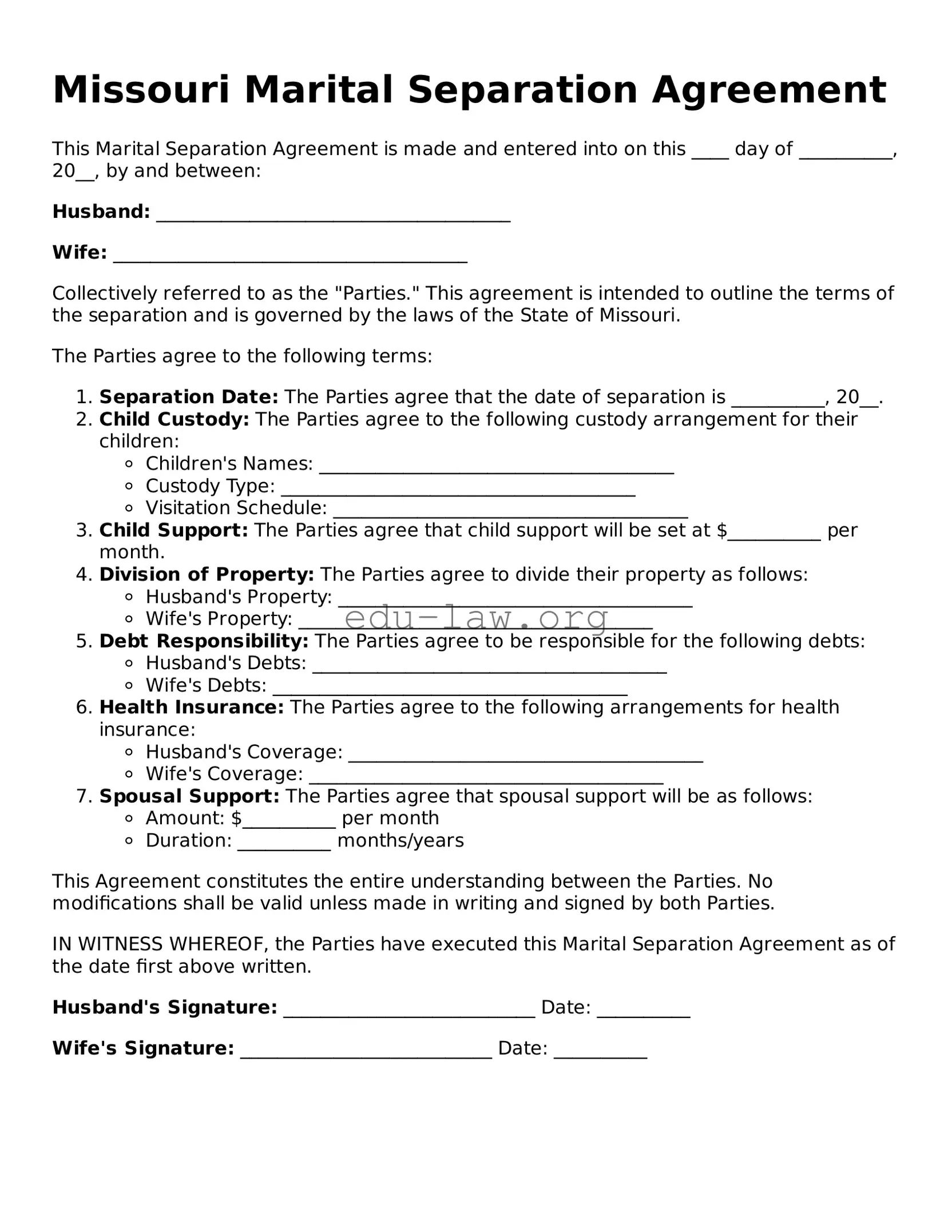 Legal  Marital Separation Agreement Template for Missouri