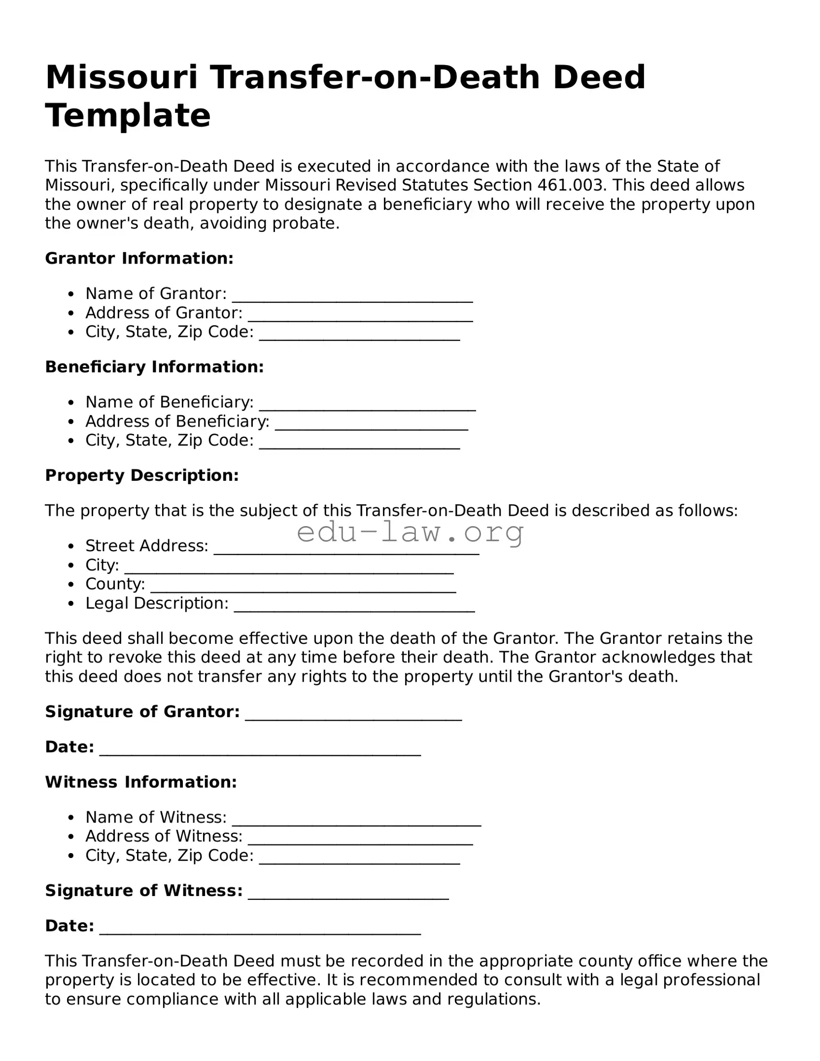 Legal  Transfer-on-Death Deed Template for Missouri