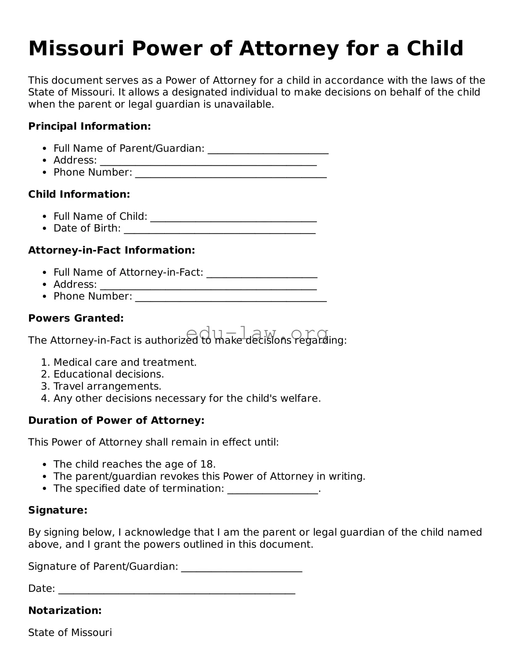 Legal  Power of Attorney for a Child Template for Missouri