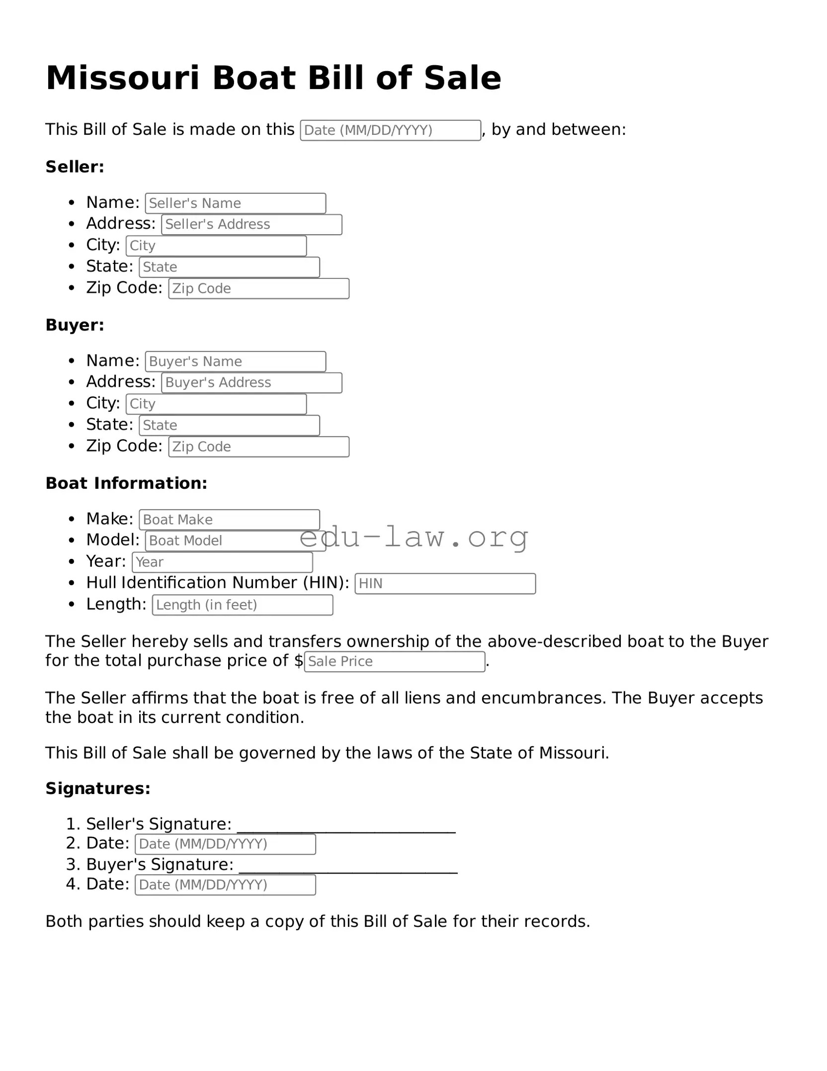 Legal  Boat Bill of Sale Template for Missouri