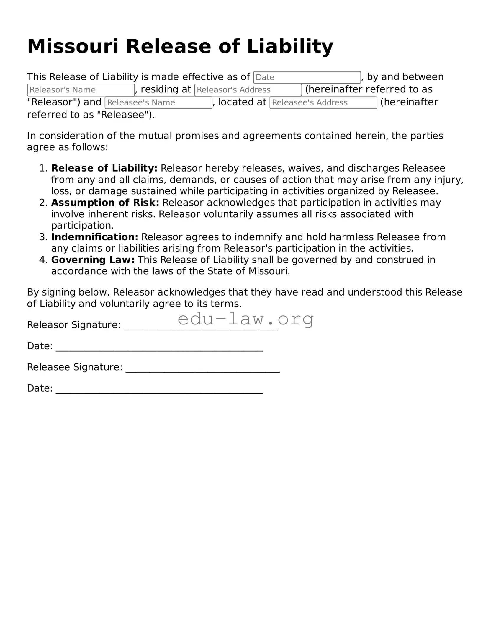 Legal  Release of Liability Template for Missouri