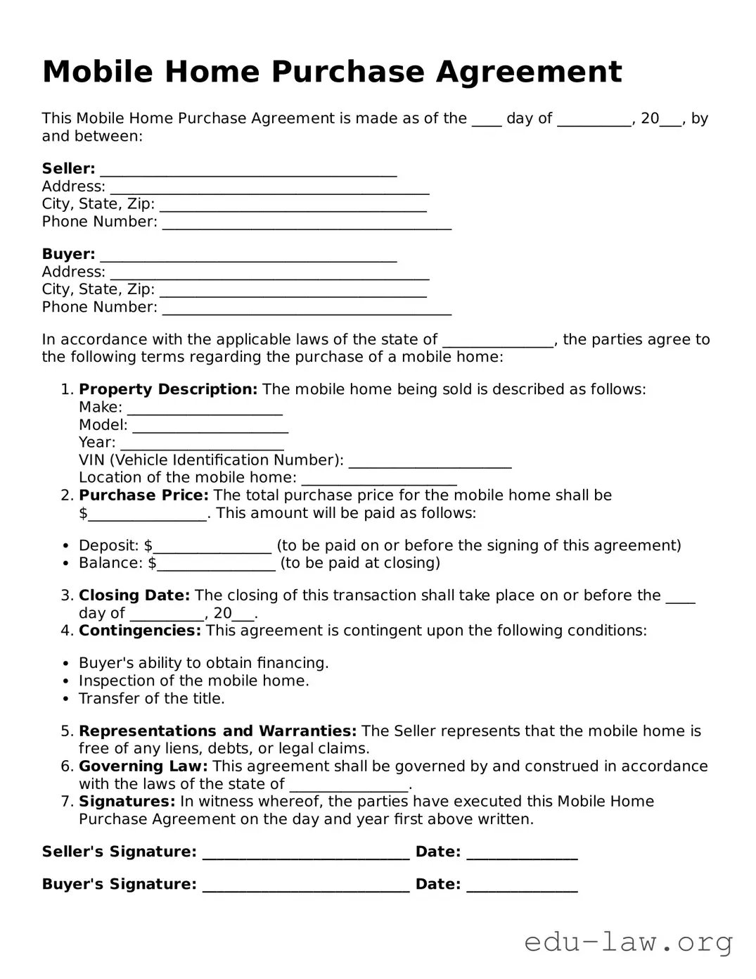 Mobile Home Purchase Agreement Template