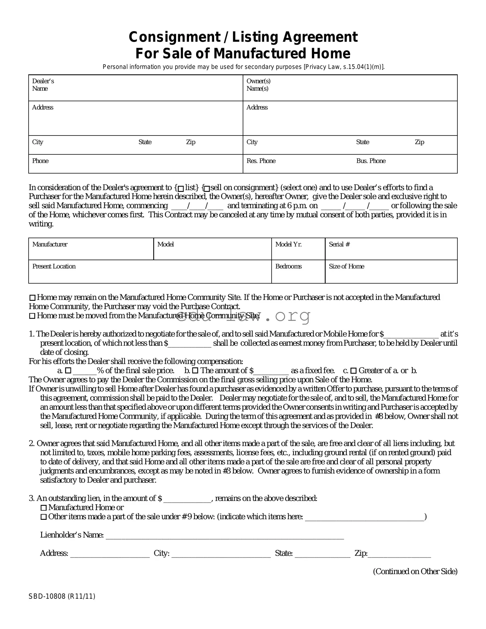 Fill in Your Mobile Home Listing Agreement Template