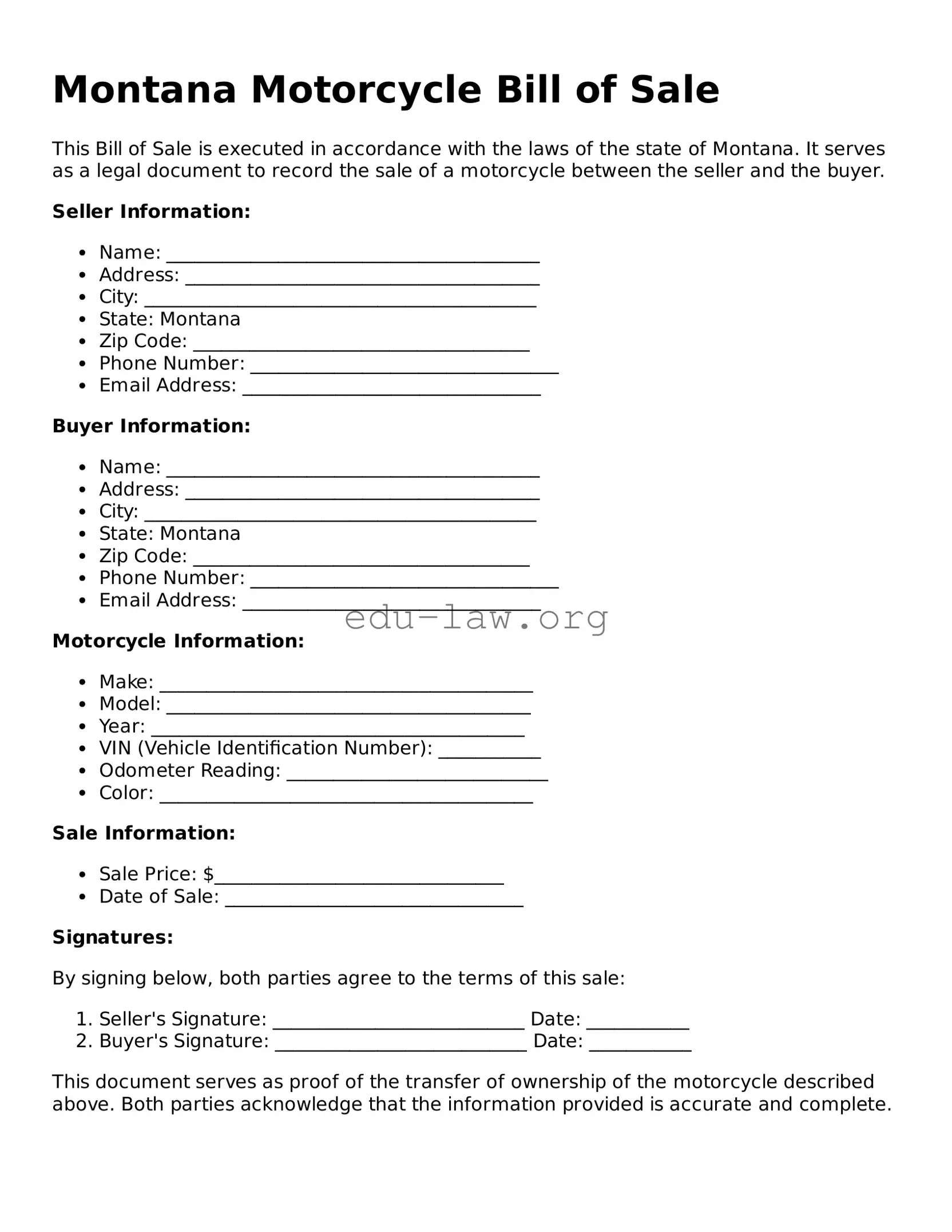 Legal  Motorcycle Bill of Sale Template for Montana