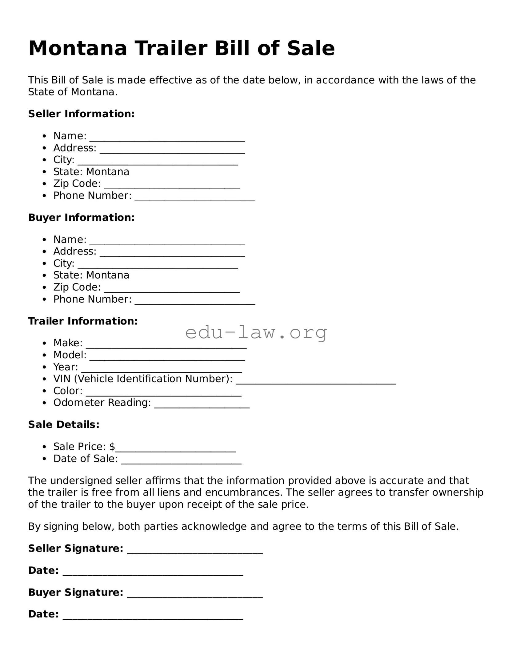 Legal  Trailer Bill of Sale Template for Montana