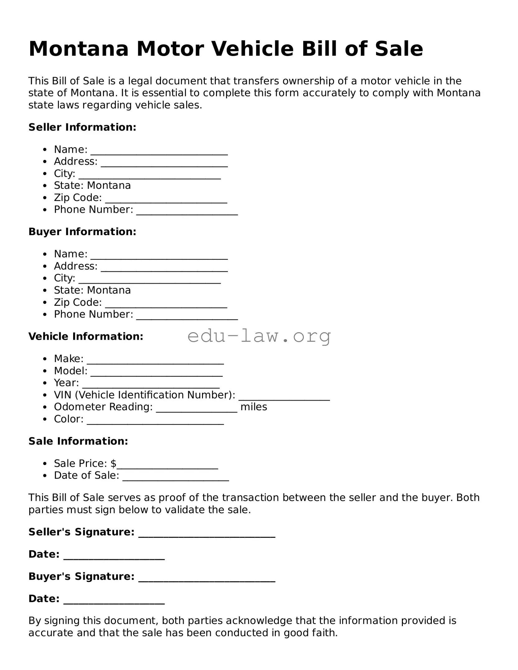 Legal  Motor Vehicle Bill of Sale Template for Montana