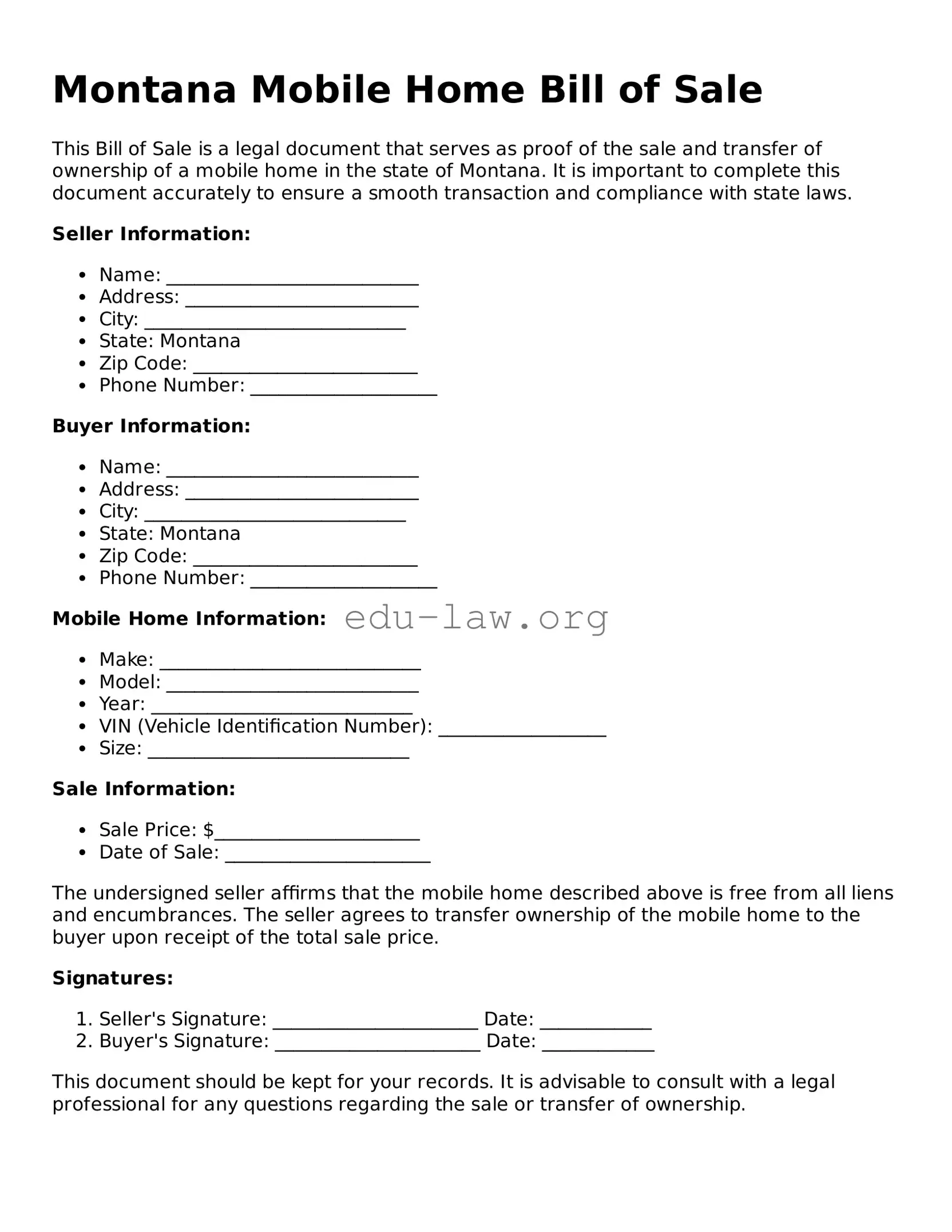 Legal  Mobile Home Bill of Sale Template for Montana