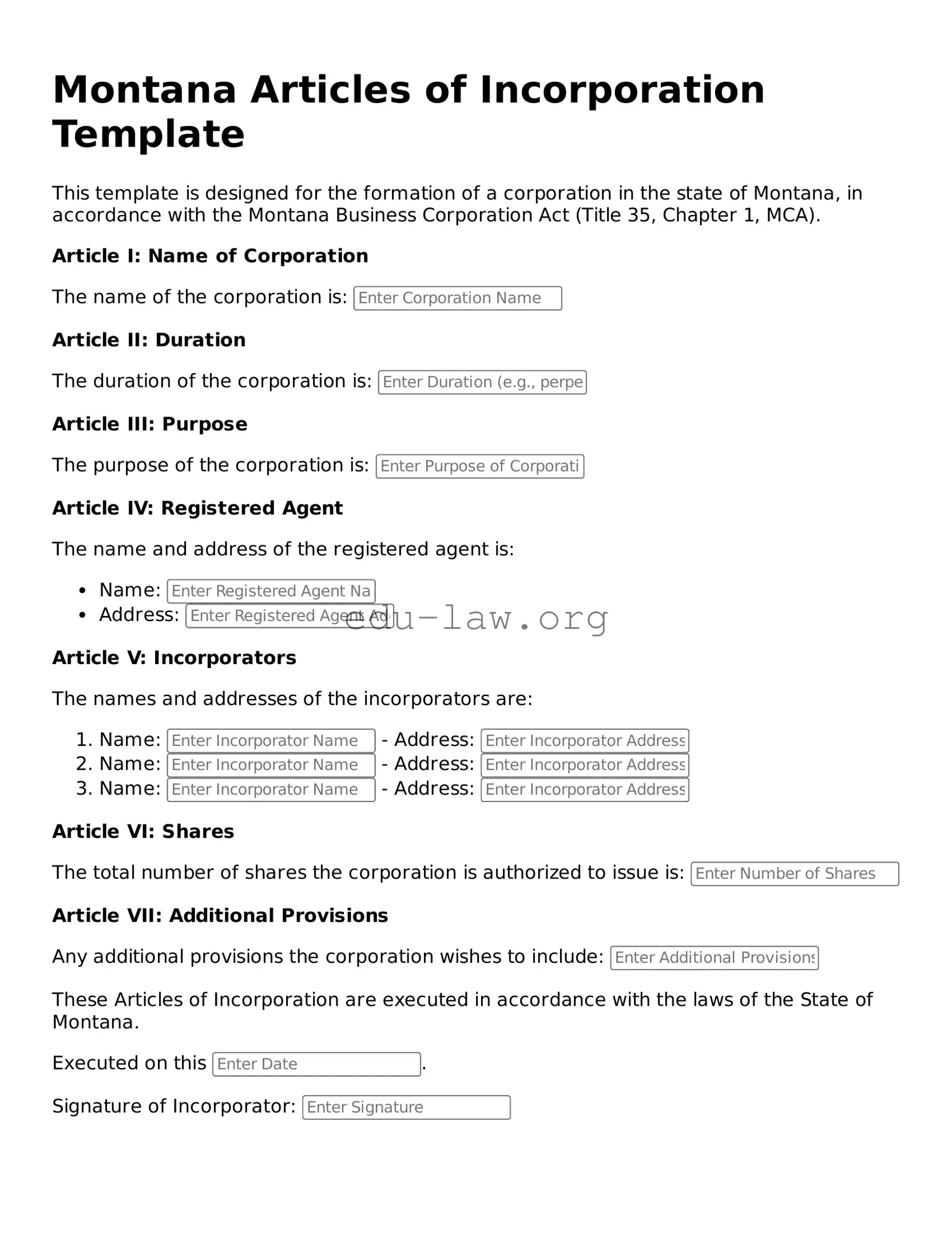 Legal  Articles of Incorporation Template for Montana