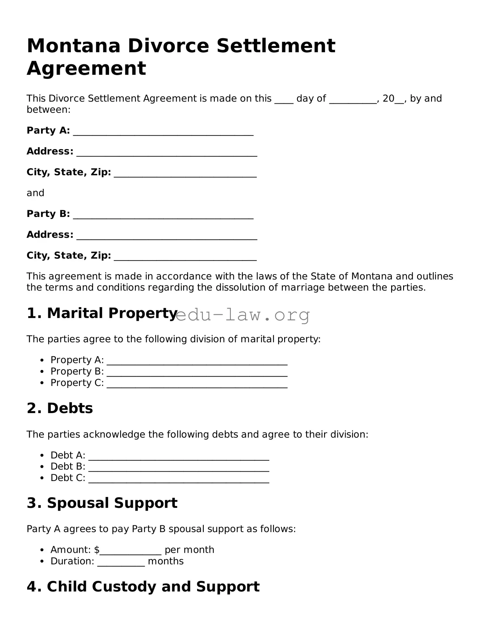 Legal  Divorce Settlement Agreement Template for Montana