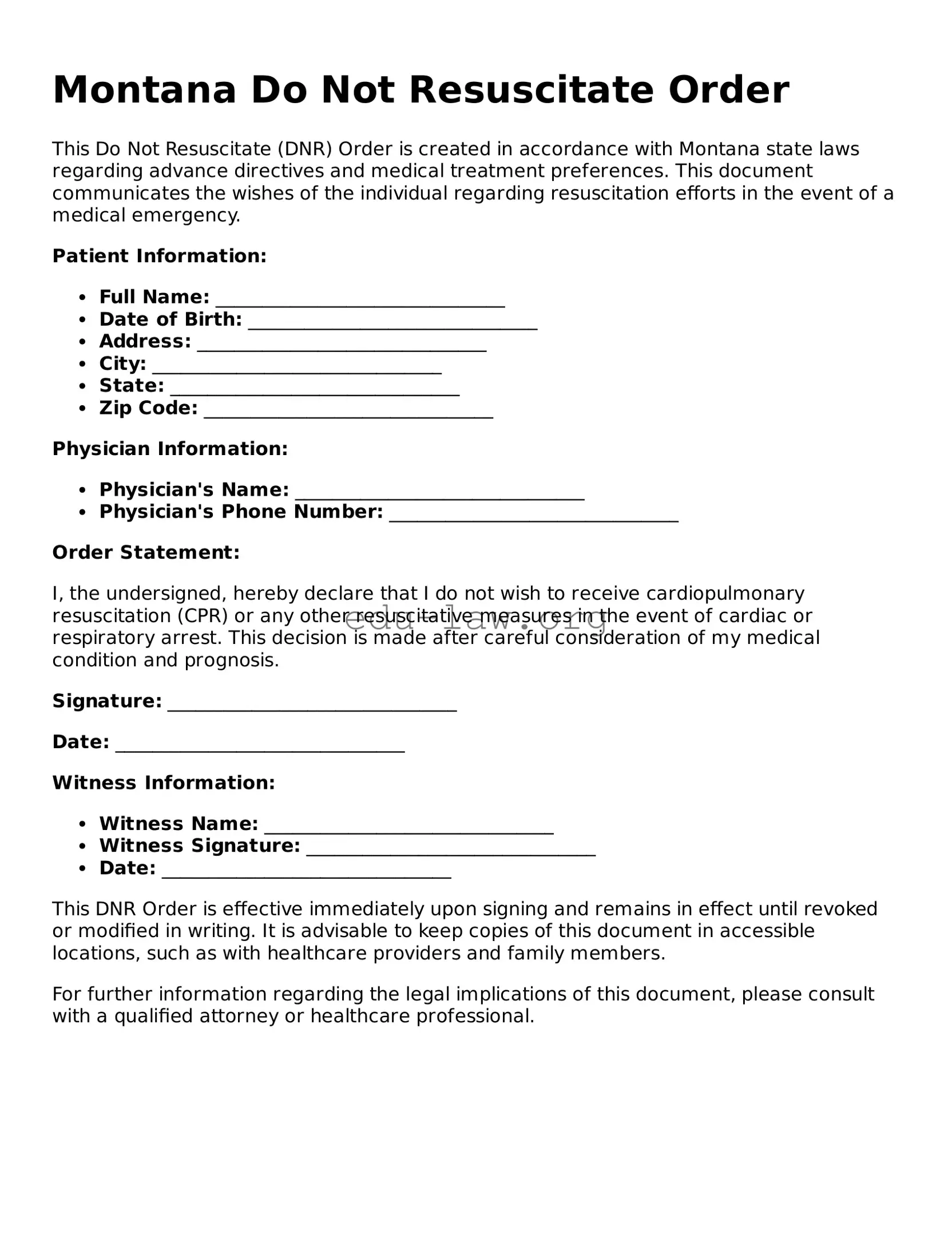 Legal  Do Not Resuscitate Order Template for Montana