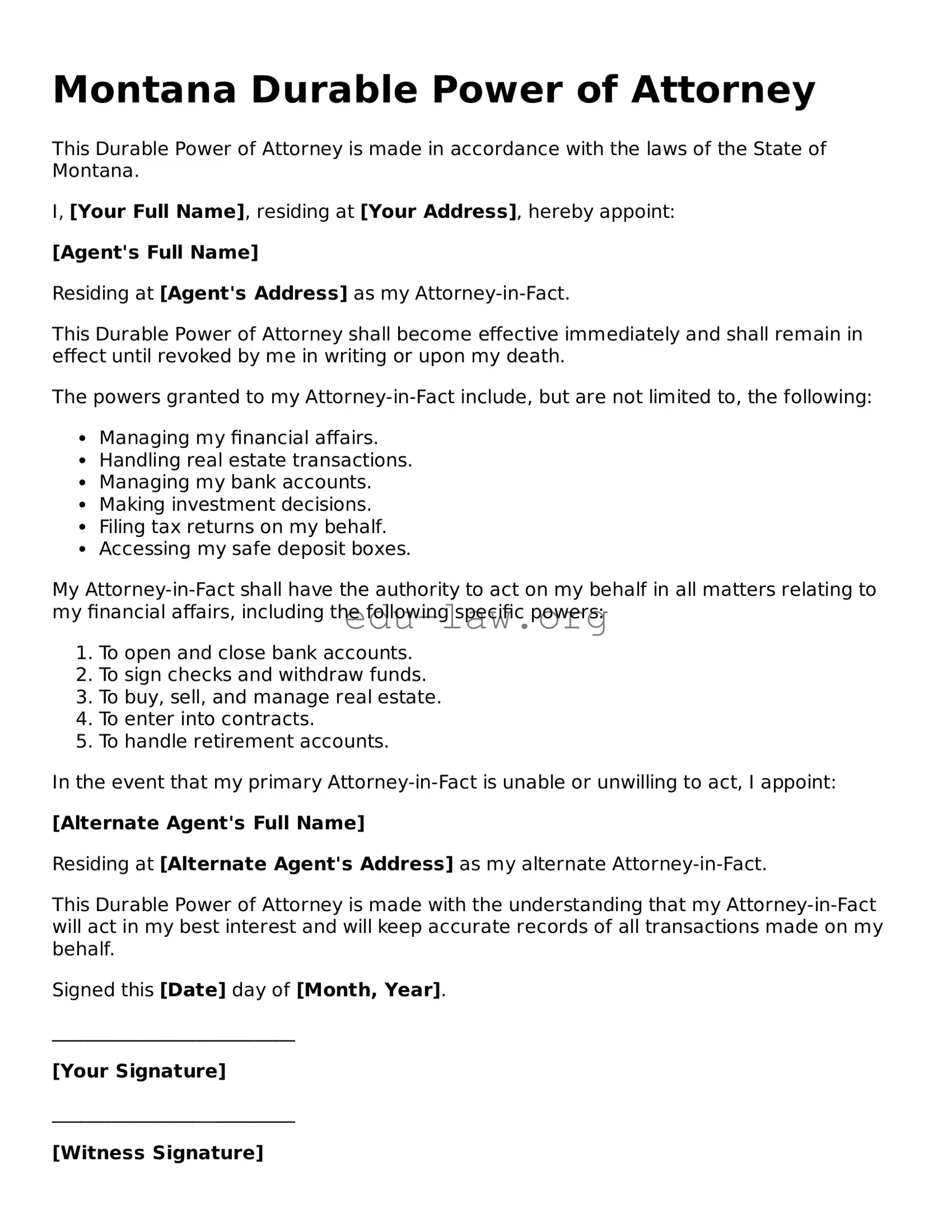 Legal  Durable Power of Attorney Template for Montana