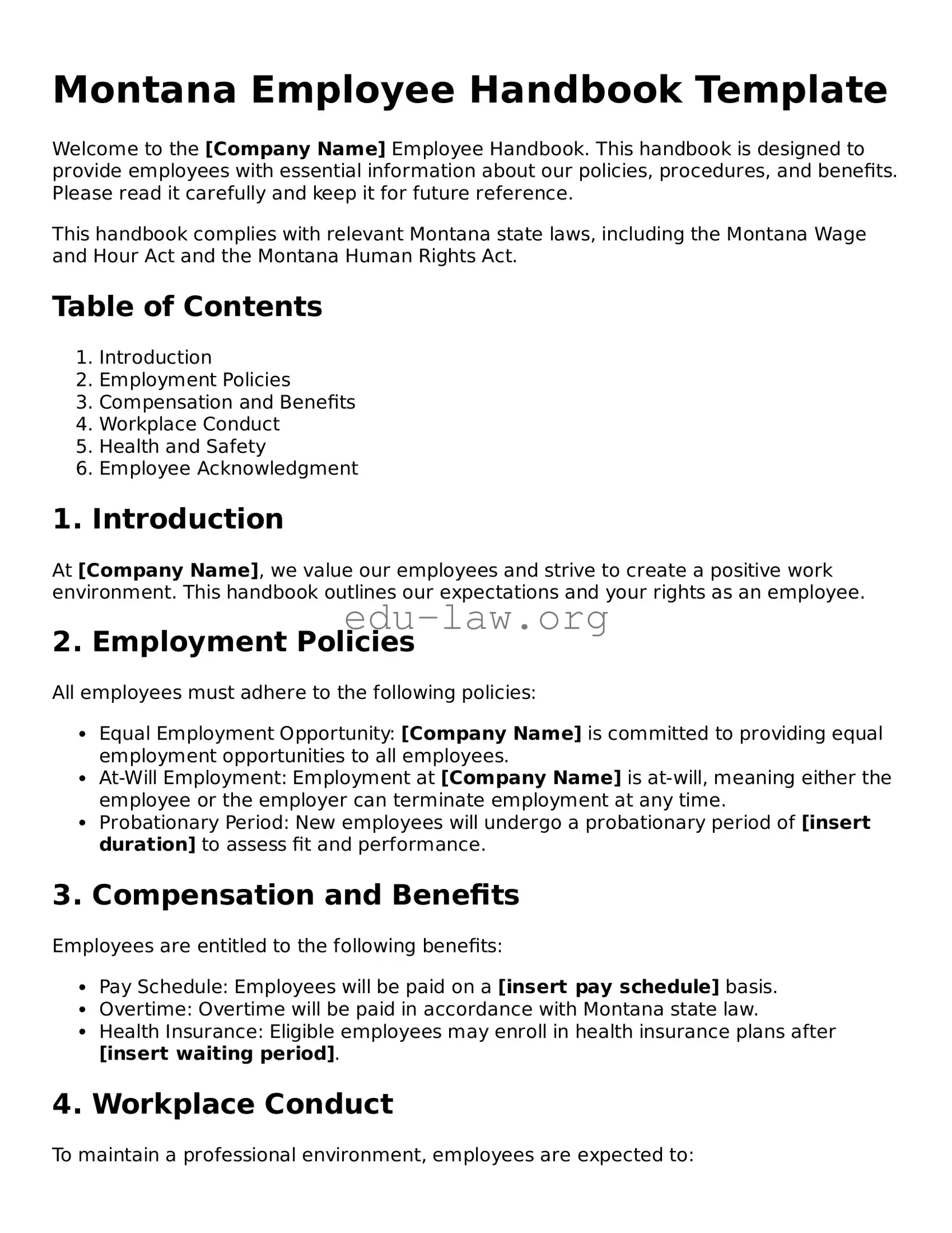 Legal  Employee Handbook Template for Montana