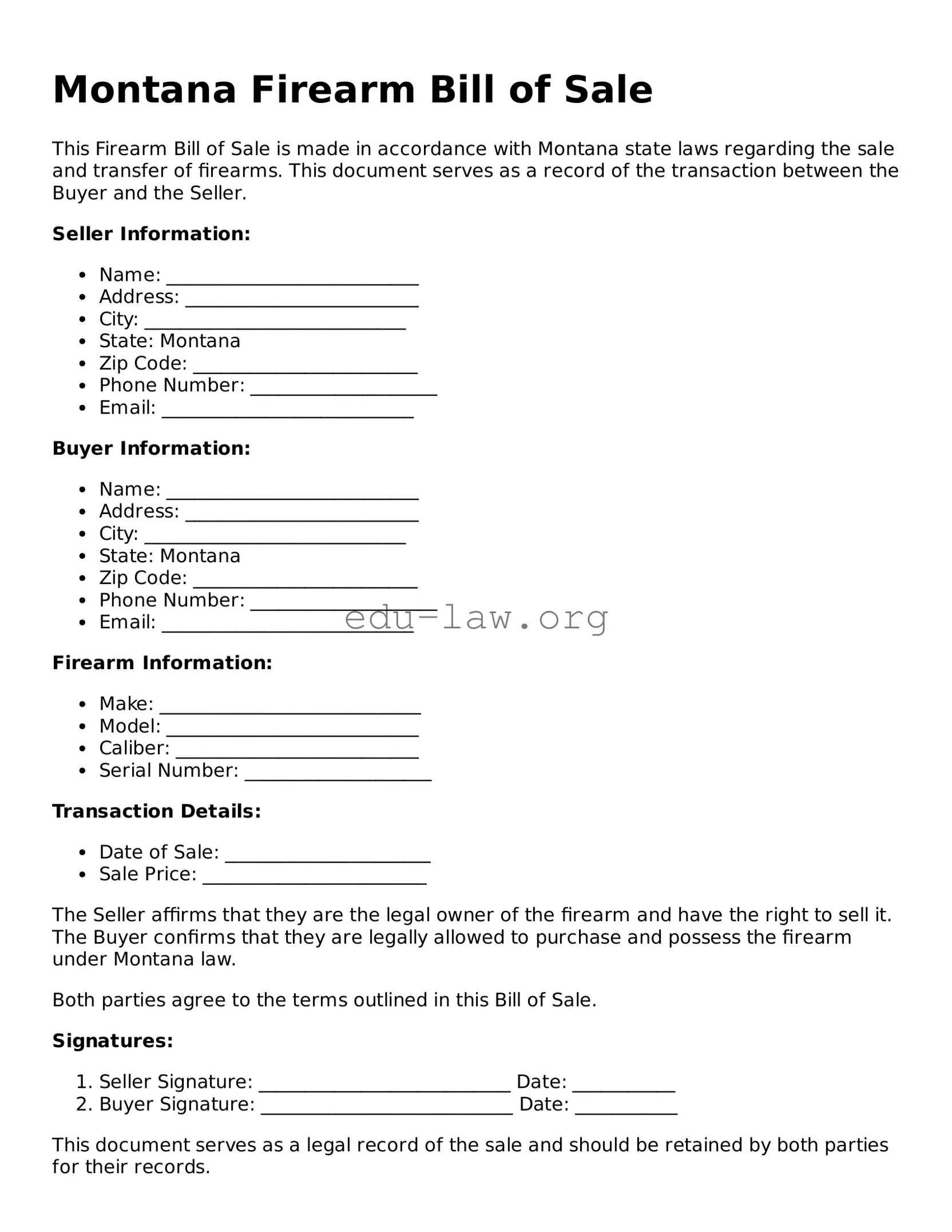 Legal  Firearm Bill of Sale Template for Montana