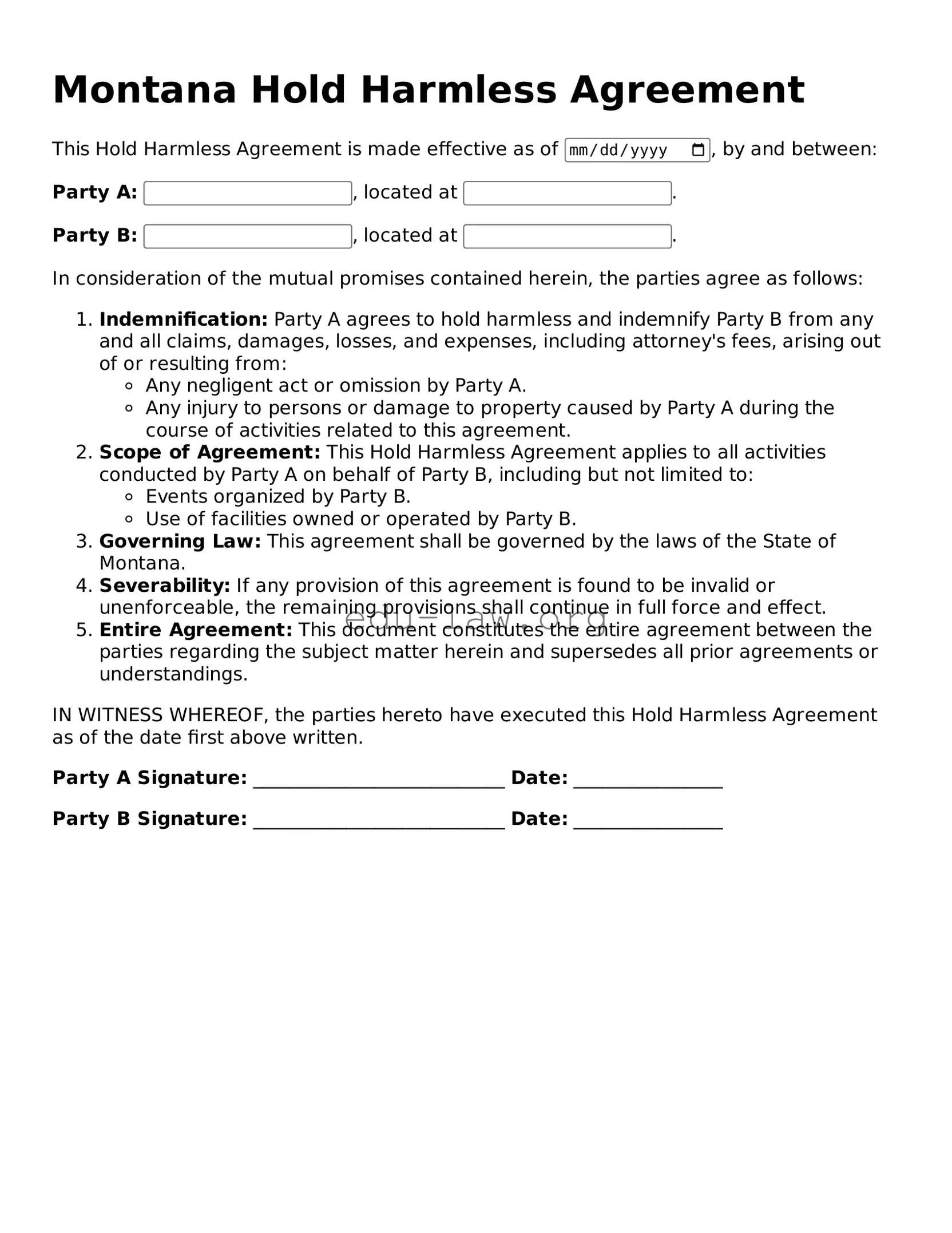 Legal  Hold Harmless Agreement Template for Montana