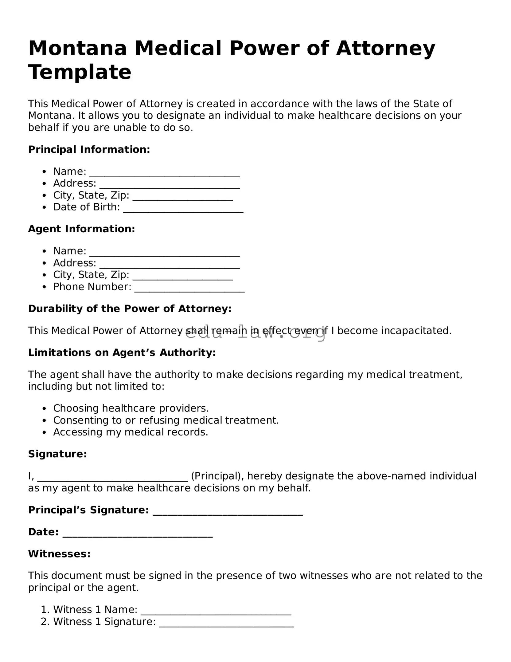 Legal  Medical Power of Attorney Template for Montana