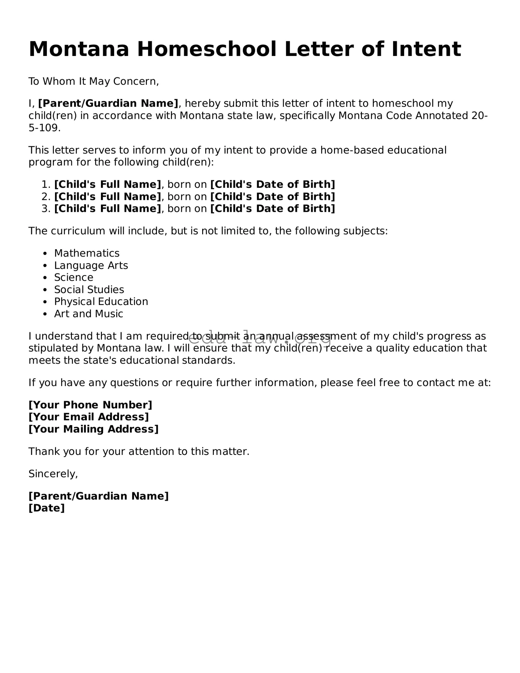 Legal  Homeschool Letter of Intent Template for Montana
