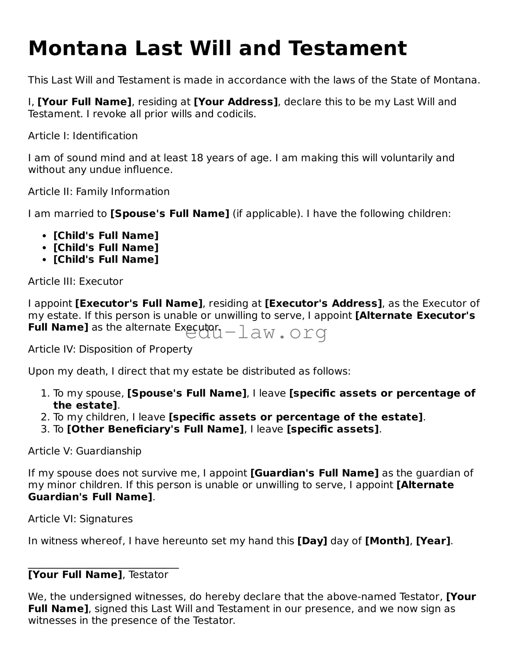 Legal  Last Will and Testament Template for Montana